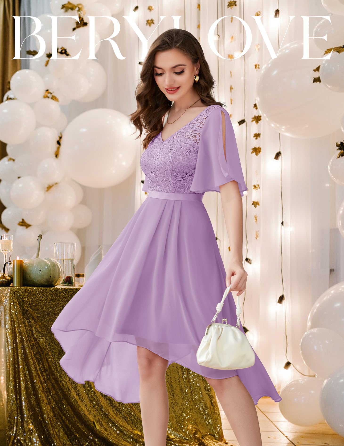 BeryLove Women's Elegant Lace Cocktail Dress for Prom, Wedding Guest & Bridesmaid - Flutter Sleeve Formal Gown 2025 | Perfect for Evening Parties, Bridal Showers & Special Occasions