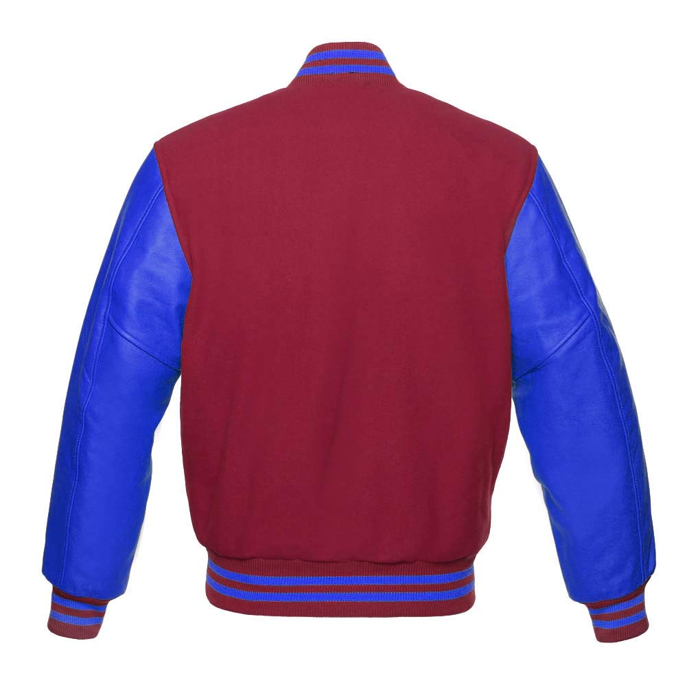 Premium Varsity Jacket for Men & Women - Baseball Letterman Bomber with Wool Body & Genuine Leather Sleeves - Royal Blue School Style Jacket for College, High School, Casual Wear and Sports Events