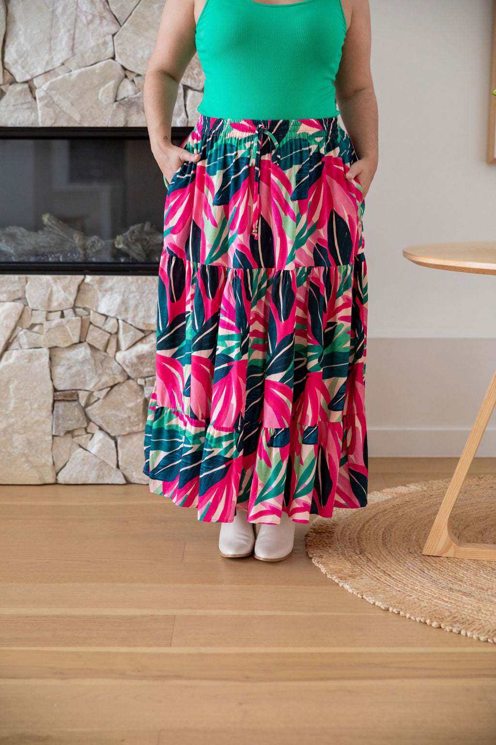 Carrie Skirt in Jungle Pink - Women's Floral A-Line Midi Skirt with Pockets | Perfect for Spring Outfits, Office Wear & Casual Dates