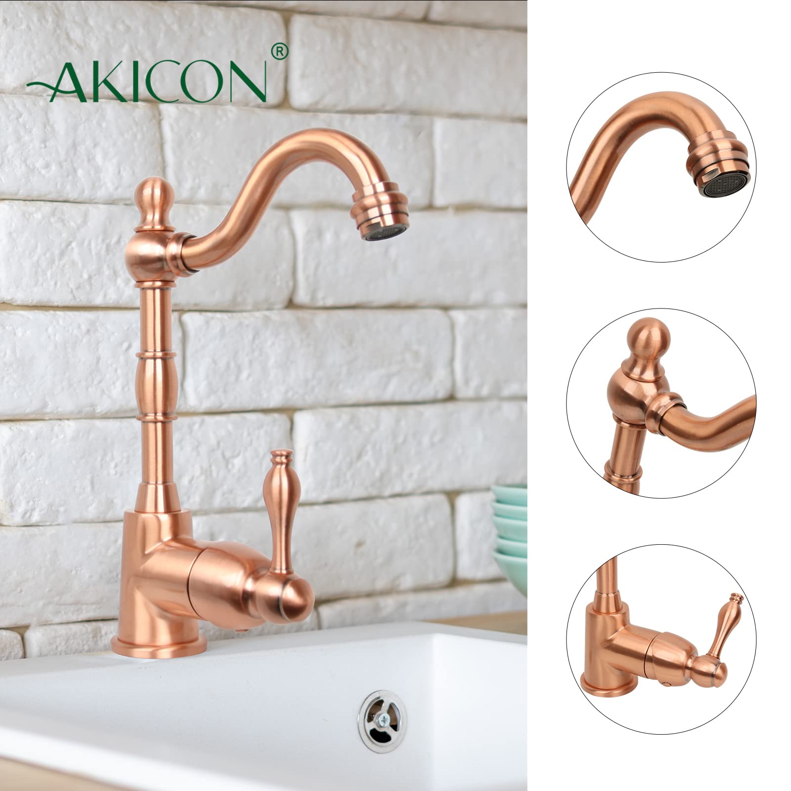 Akicon Copper One-Handle Widespread Kitchen Faucet - Elegant Bar Prep Sink Faucet for Modern Kitchens & Wet Bars - Perfect for Food Prep, Beverage Service & Home Brewing