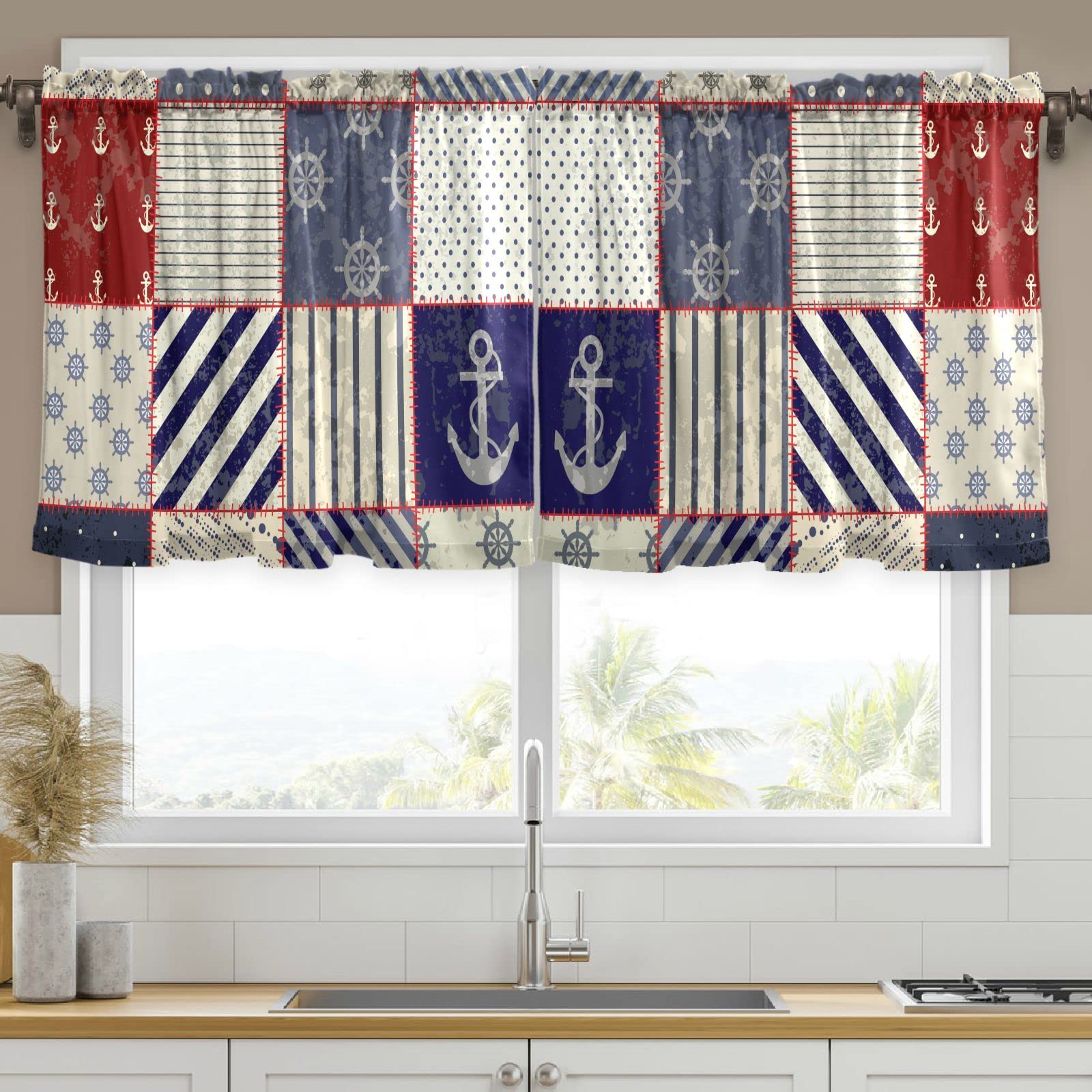 DOMIKING Nautical Anchor Kitchen Curtains Set with Light Filtering Tier & Short Valance - 57x36 Inch - Perfect for Bedroom, Kids Room, Nursery, and Coastal-Themed Decor - Adds a Charming Touch to Windows in Beach Houses, Vacation Homes, and Seaside Cottages