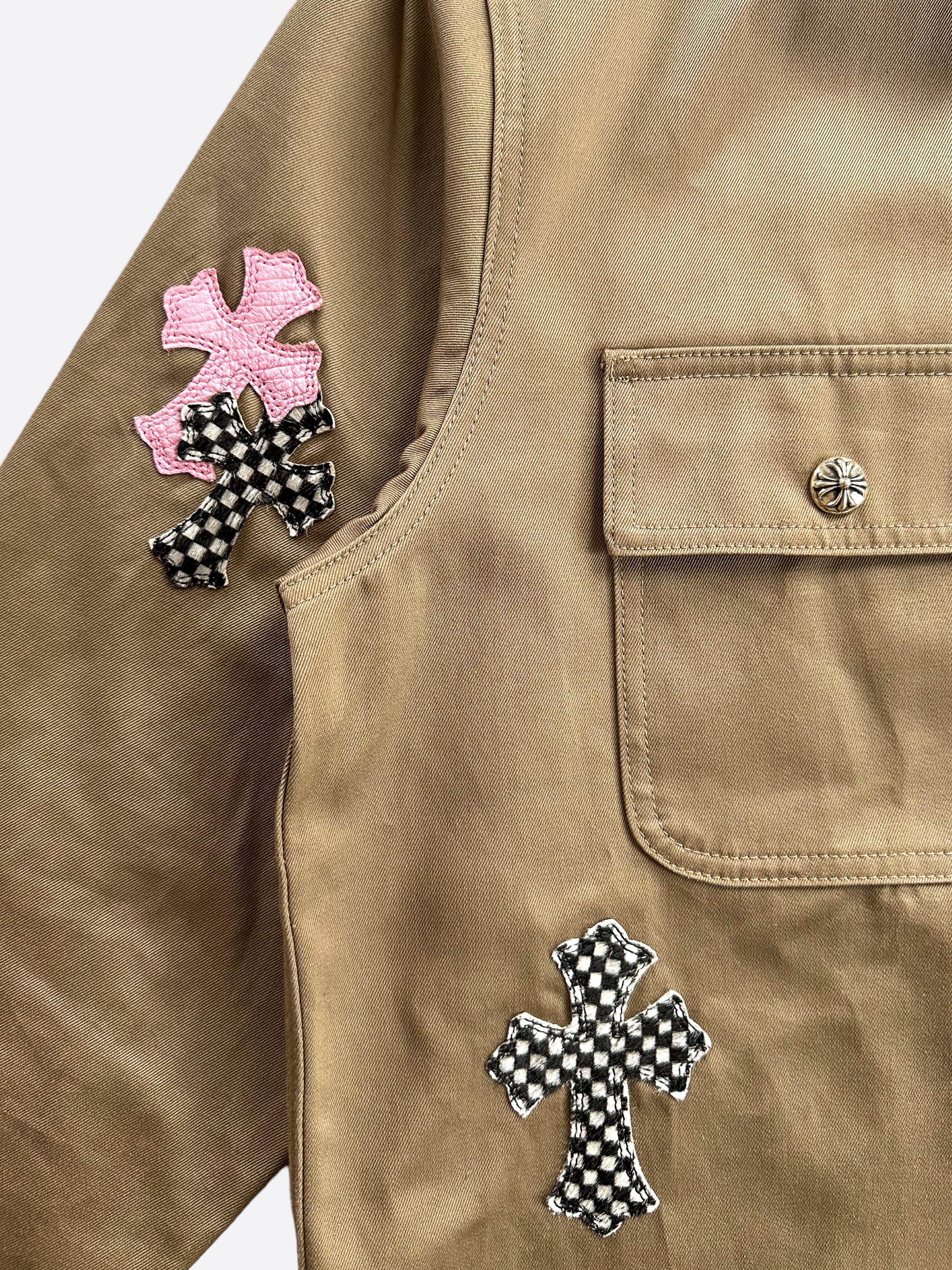 Chrome Hearts Tan Pink & Checkered Cross Patchwork Dog Jacket - Stylish Punk Pet Apparel for Small to Medium Dogs - Perfect for Outdoor Adventures & Fashionable Streetwear