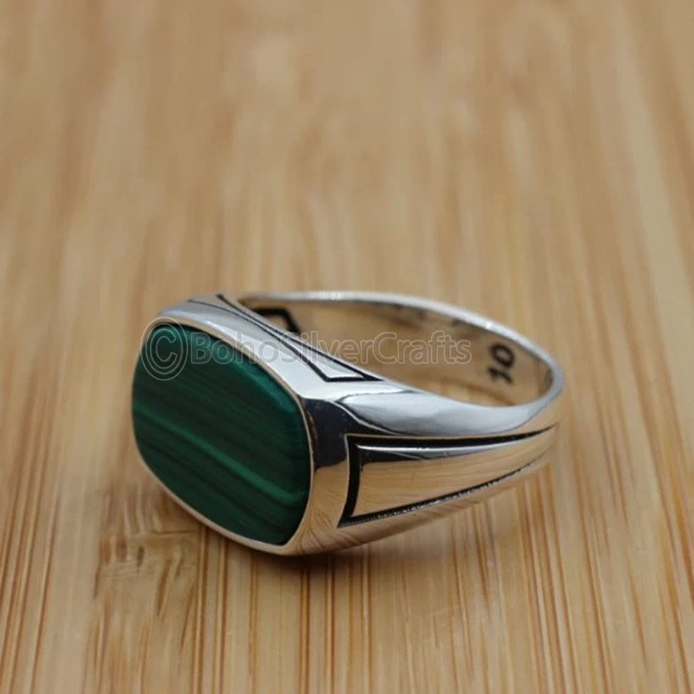 925 Sterling Silver Malachite Ring for Men - Natural Green Stone Signet Ring, Ottoman & Western Style Vintage Mens Jewelry - Perfect Gift for Him, Wedding, Anniversary & Special Occasions