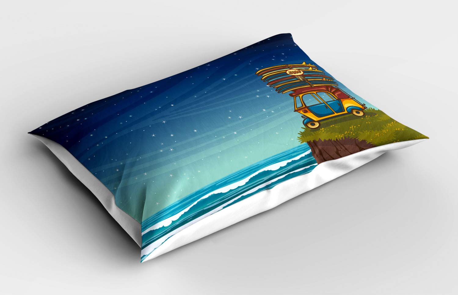 Ambesonne Ocean Themed Pillow Sham - Cartoon Car with Surfboards, Blue Night Ocean Waves, Summer Island Print - Decorative Standard Queen Size Pillowcase (30