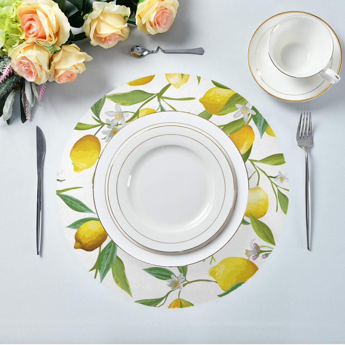 Blueangle Lemon Placemats Set of 4 - Non-Slip Round Table Mats for Dining, Heat Resistant & Decorative - Perfect for Kitchen, Picnic, and Party Decorations