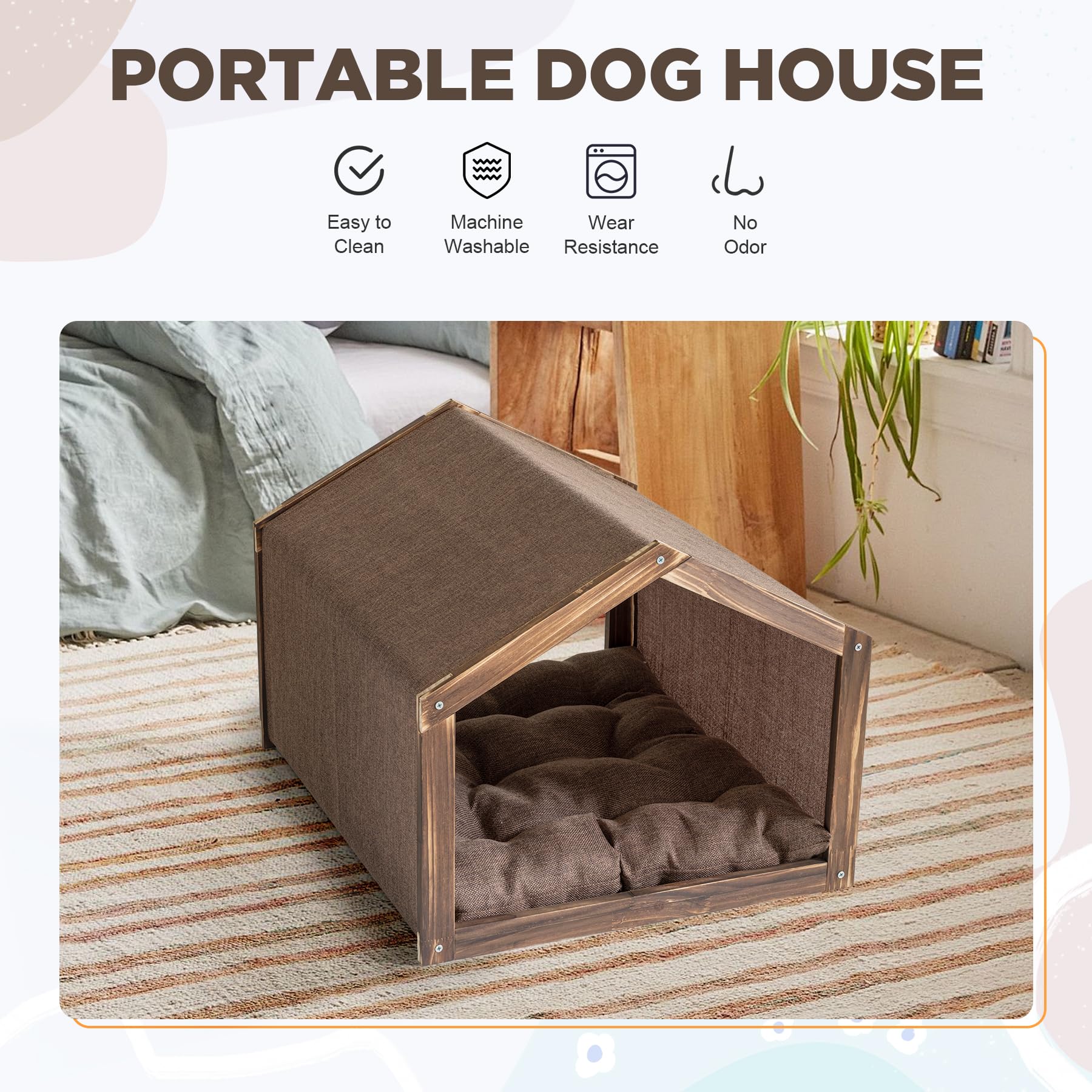 Wooden Frame Dog House for Small Dogs & Cats - Indoor Pet House with Soft Fabric Cushion (Brown) | Perfect for Living Room, Bedroom & Patio Use