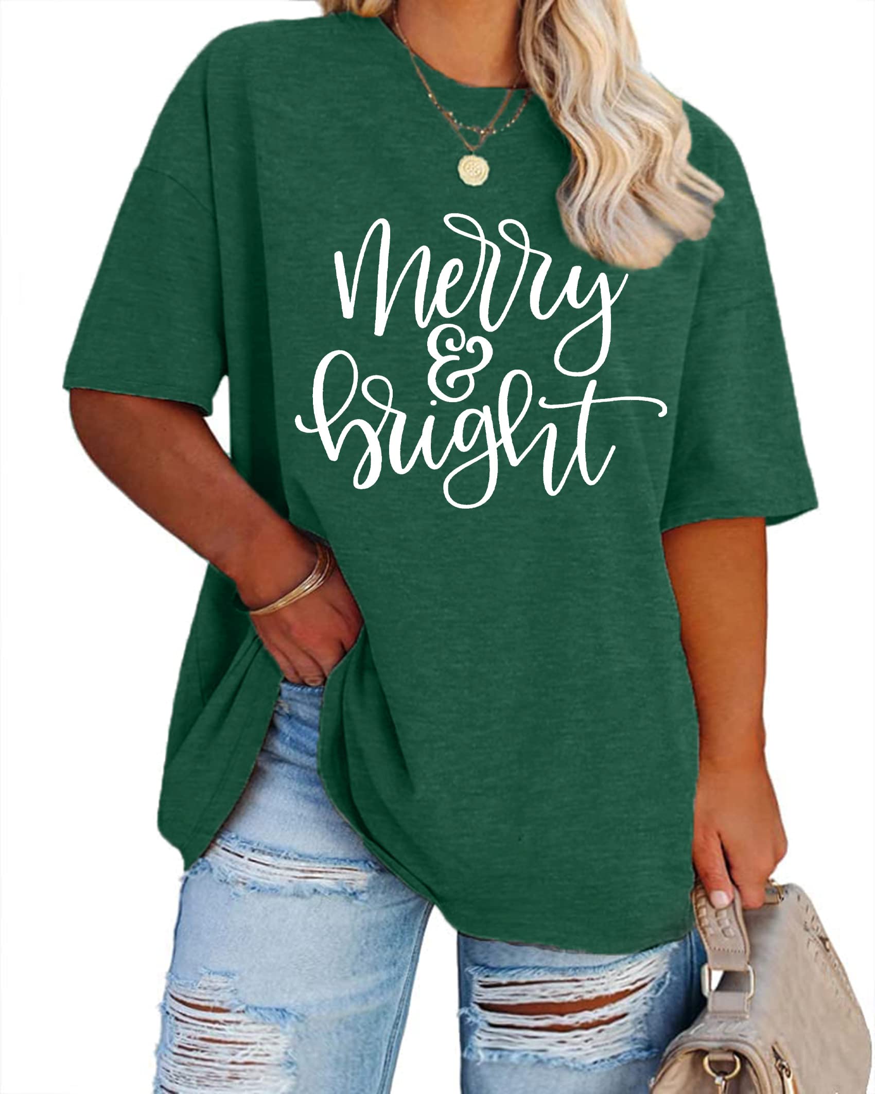 Christmas Plus Size Shirt for Women - Merry and Bright Holiday Tops - Oversized Xmas Tee - Fall Fashion - Perfect for Holiday Parties, Family Gatherings & Festive Outfits