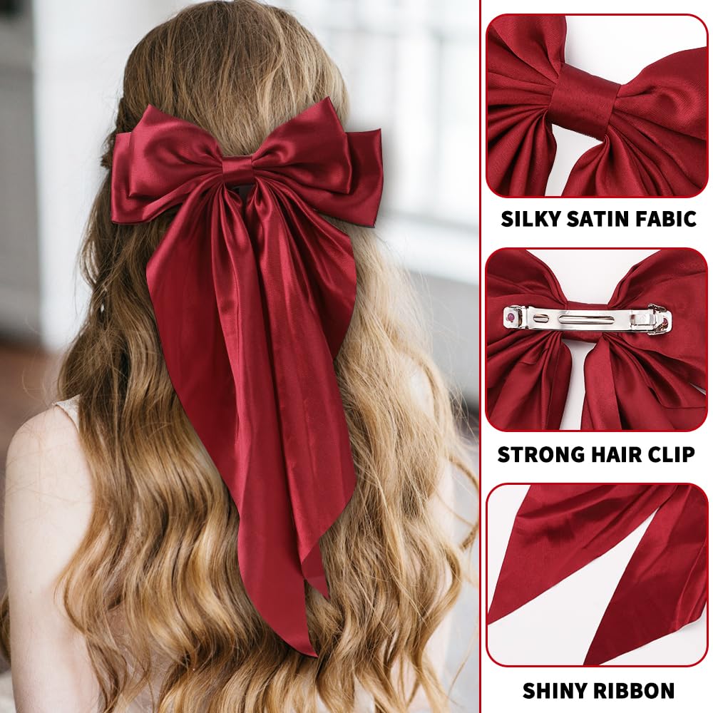 6PCS Large Hair Bows Clips for Women - Long Tail Soft Ribbon Silky Satin Barrettes Hair Accessories (6 Colors) | Perfect for Weddings, Parties, Daily Styling & Gifts