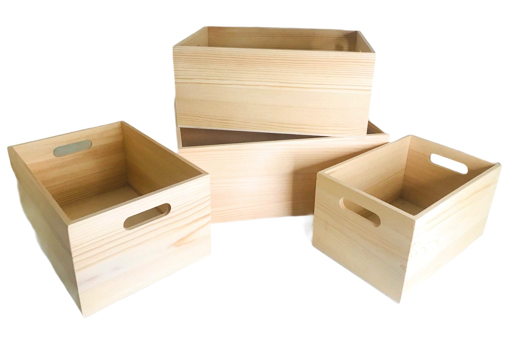 4 Pack Unfinished Wooden Storage Crates with Cutout Handles - DIY Decorative Nesting Boxes for Home Organization, Pantry, Closet & Display - Set of 4 Rustic Wooden Crates for Farmhouse Decor & Craft Storage
