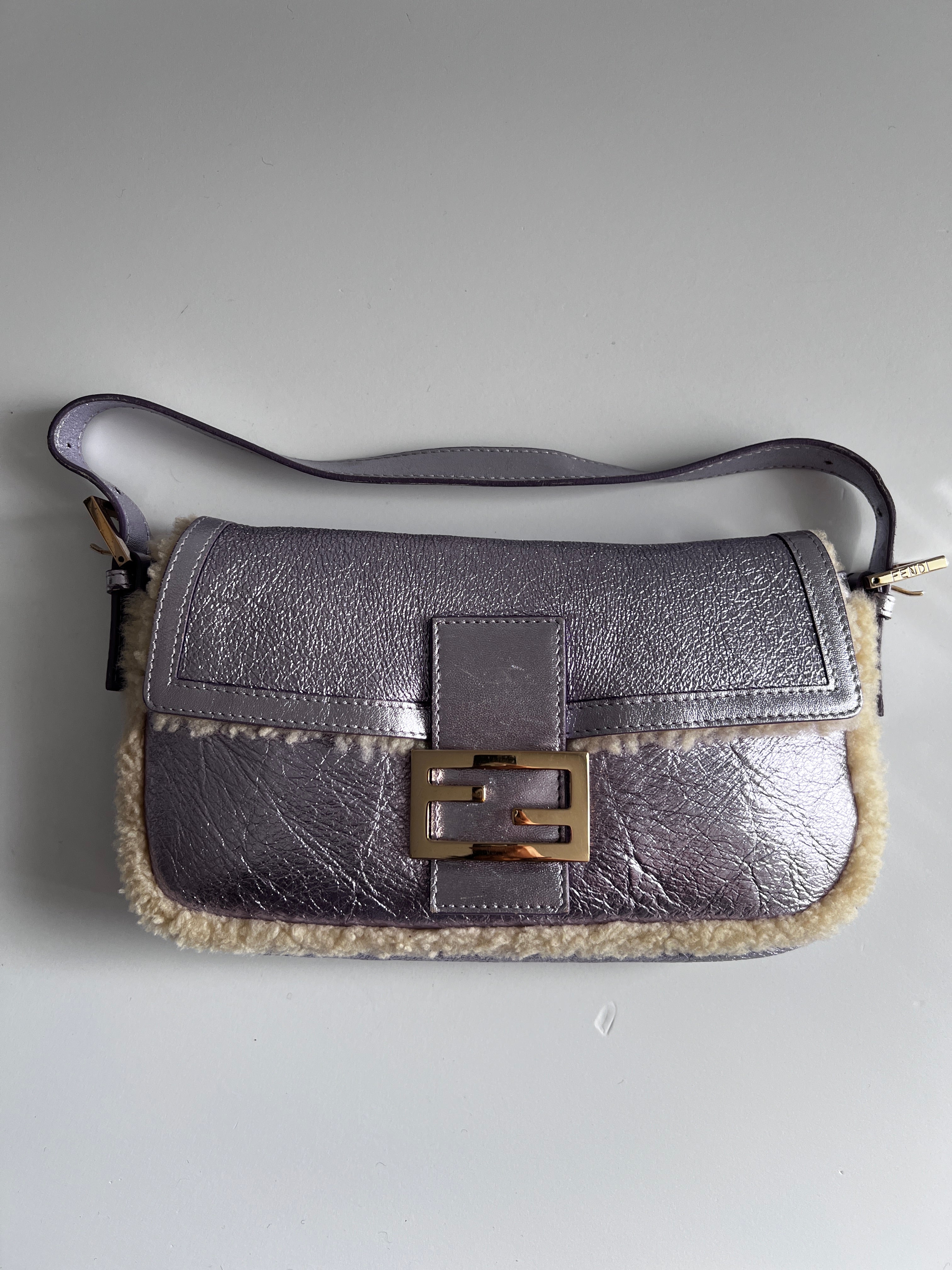 Fendi Purple Metallic Shearling Baguette Bag - Luxury Designer Crossbody Purse for Women, Perfect for Parties, Dates & Evening Events