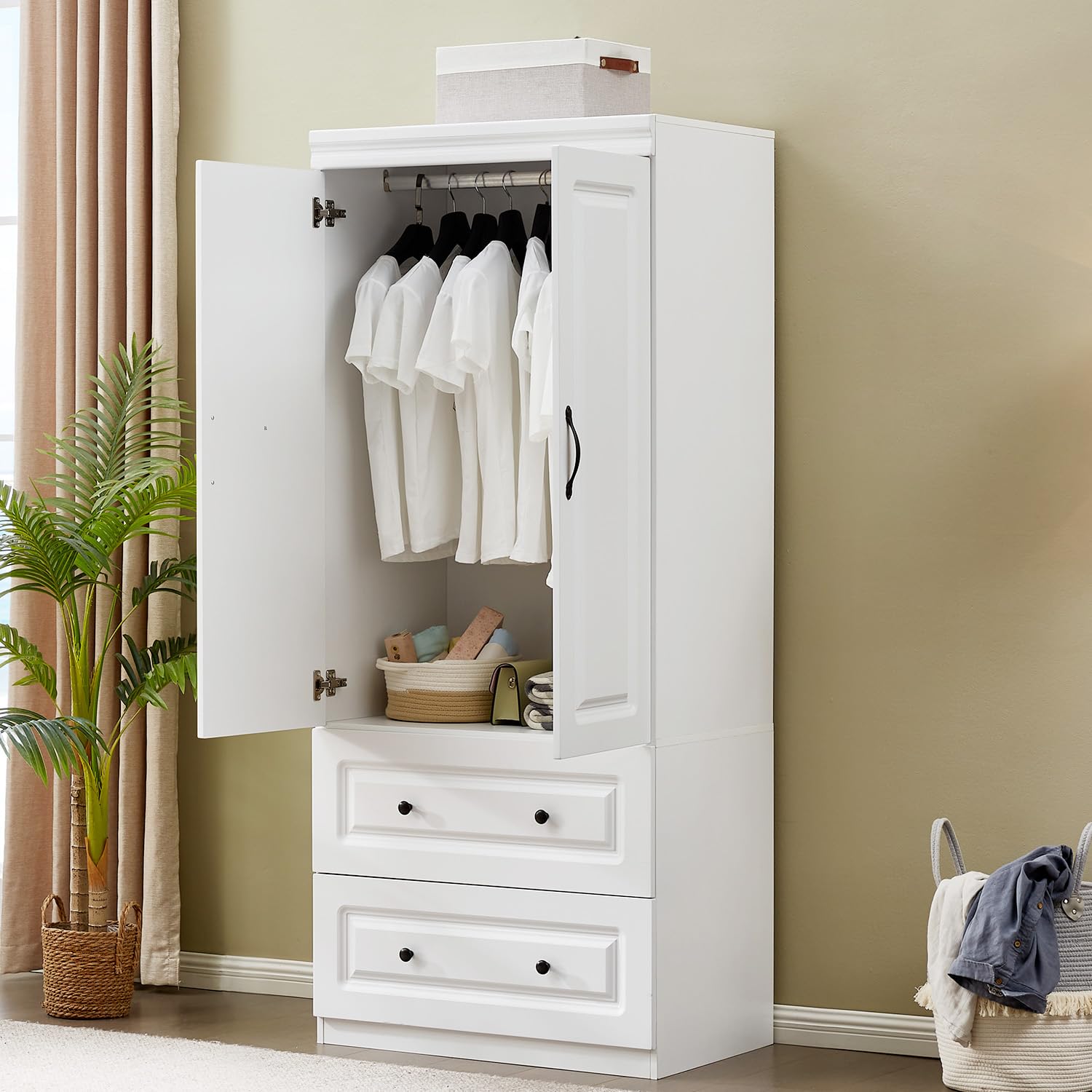 White Wooden Wardrobe Closet with Hanging Rod - 3 Doors, 2 Drawers & High Storage Capacity | Freestanding Closet Organizer for Bedroom, Guest Room or Dormitory