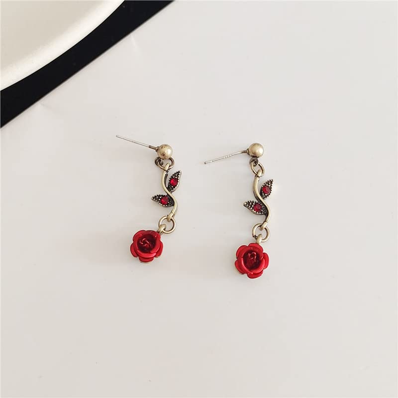 3Pcs Rose Red Jewelry Set for Women - Elegant Red Flower Necklace, Dangle Earrings & Bracelet - Perfect Bridal Jewelry Gift for Weddings, Proms & Special Occasions