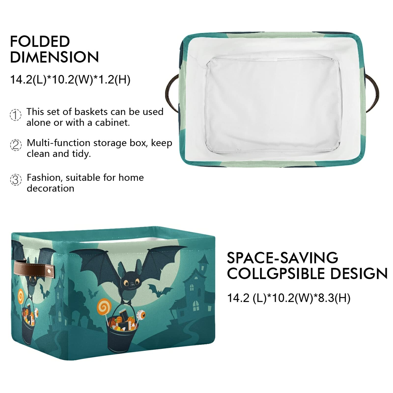 Halloween Cute Bat Flying Foldable Storage Basket - Waterproof Collapsible Fabric Storage Bin with Handles for Shelves, Nursery, Home & Closet Organization (2 Pack) - Perfect for Halloween Decor, Kids Room Storage & Closet Organization
