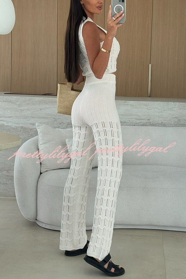 Women's Solid Color Hollow Sleeveless Round Neck Knitted Vest & Stretch Casual Straight Pants Set - Comfortable Summer Outfit for Beach, Travel and Daily Wear