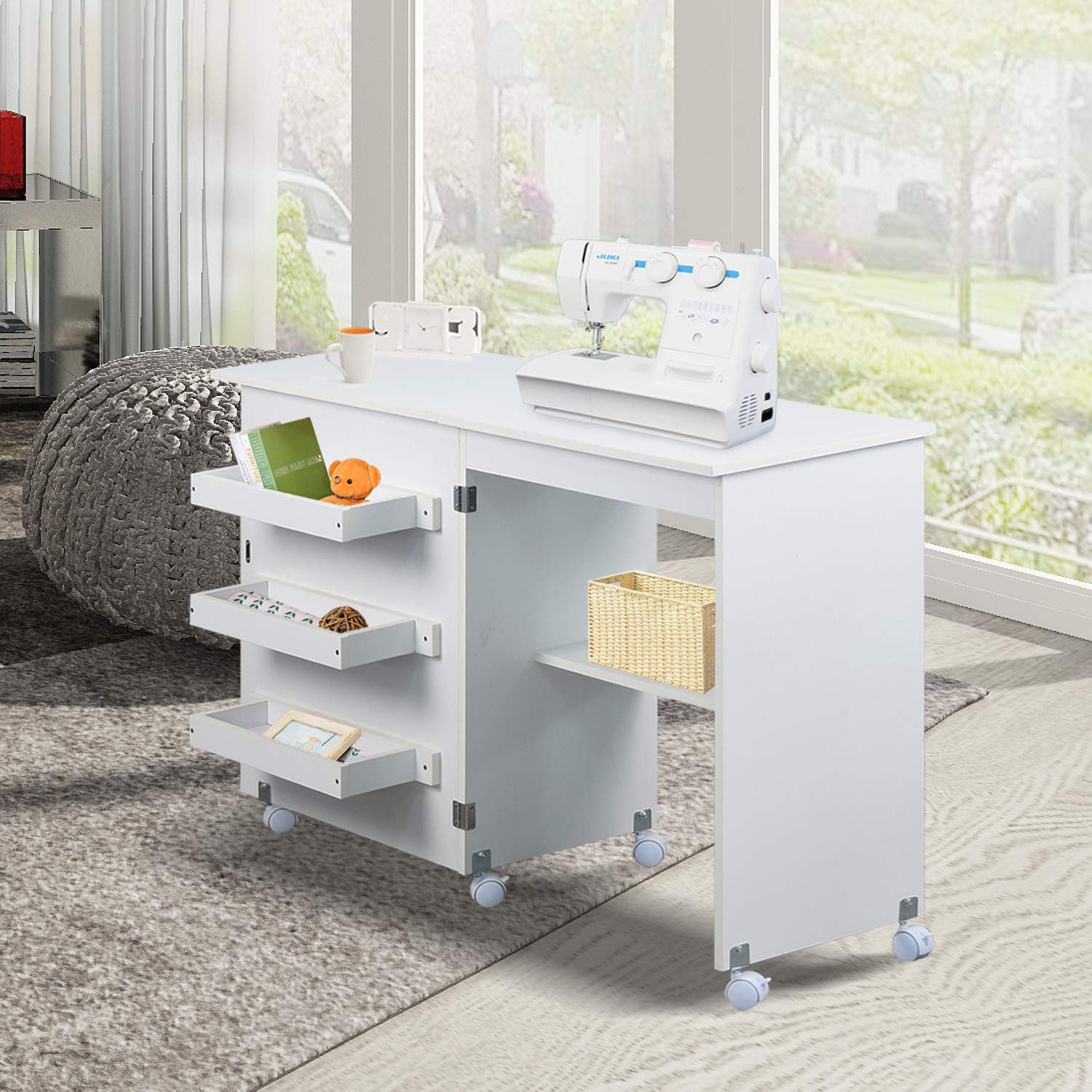 Usinso Folding Sewing Table with Storage Shelves - Multifunctional Rolling Sewing Machine Cart, Craft Cabinet & Portable Computer Desk with Lockable Casters (White) | Perfect for Home Sewing Projects, Quilting & Craft Rooms