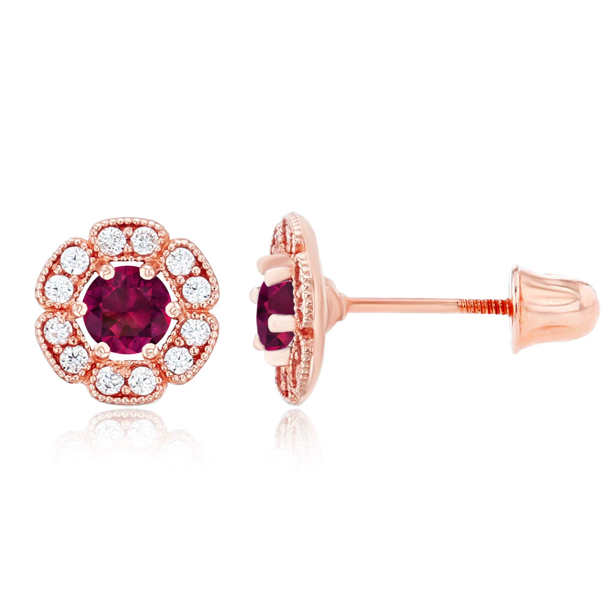 14K Gold 6mm Natural Birthstone Flower Screwback Stud Earrings for Women | 7mm Round Birthstone | 1mm White Sapphire Flower Earrings | Perfect for Birthdays, Anniversaries & Gifts