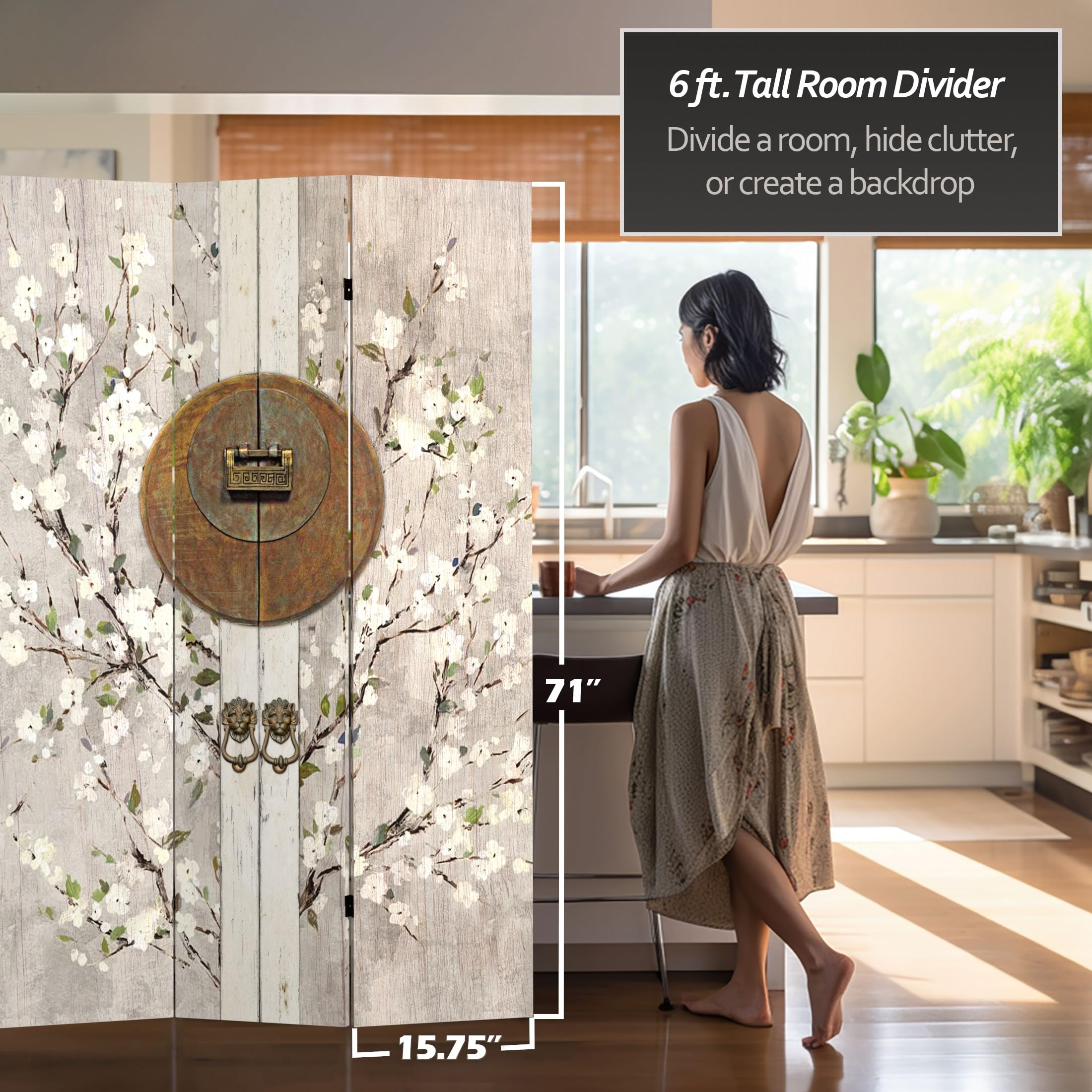 6 ft. Tall Double Sided Asian Style Red Lantern Canvas Room Divider - Ivory Home Decor for Living Room, Bedroom & Office Partition