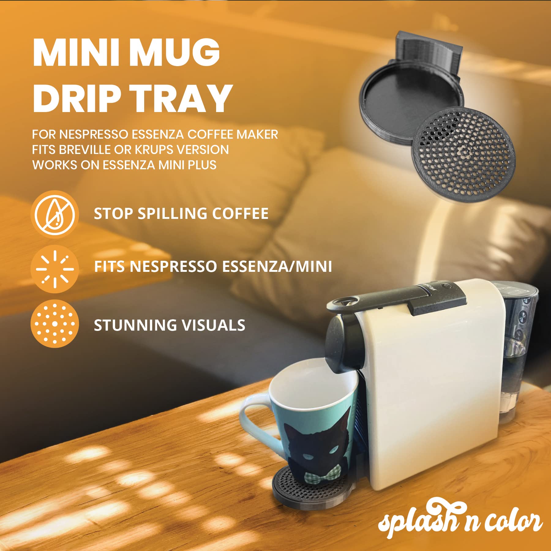SplashNColor Mini Mug Drip Tray for Nespresso Essenza Coffee Machine - Compatible with Breville & Krups Models (Fits Essenza Mini Plus) - Perfect for Small Kitchens & Office Coffee Stations