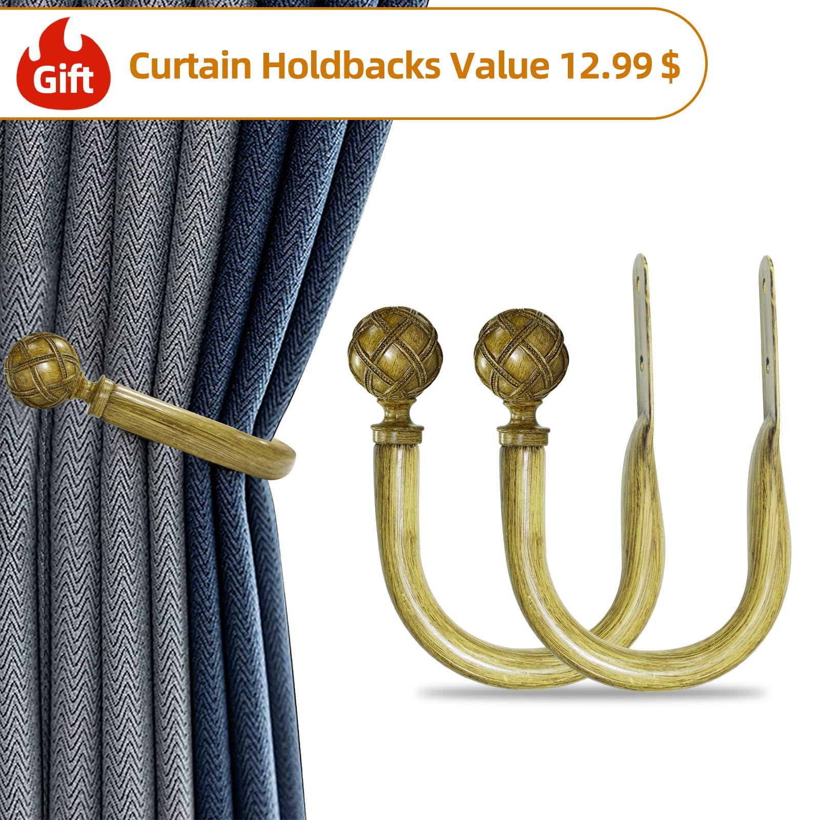 Ycolnaefllr 1 Inch Double Curtain Rod Set - Adjustable 66 to 120 Inches for Windows, Heavy Duty Drapery Rod with Resin Finials & Holdbacks (Burlywood) - Perfect for Living Room, Bedroom & Home Decor
