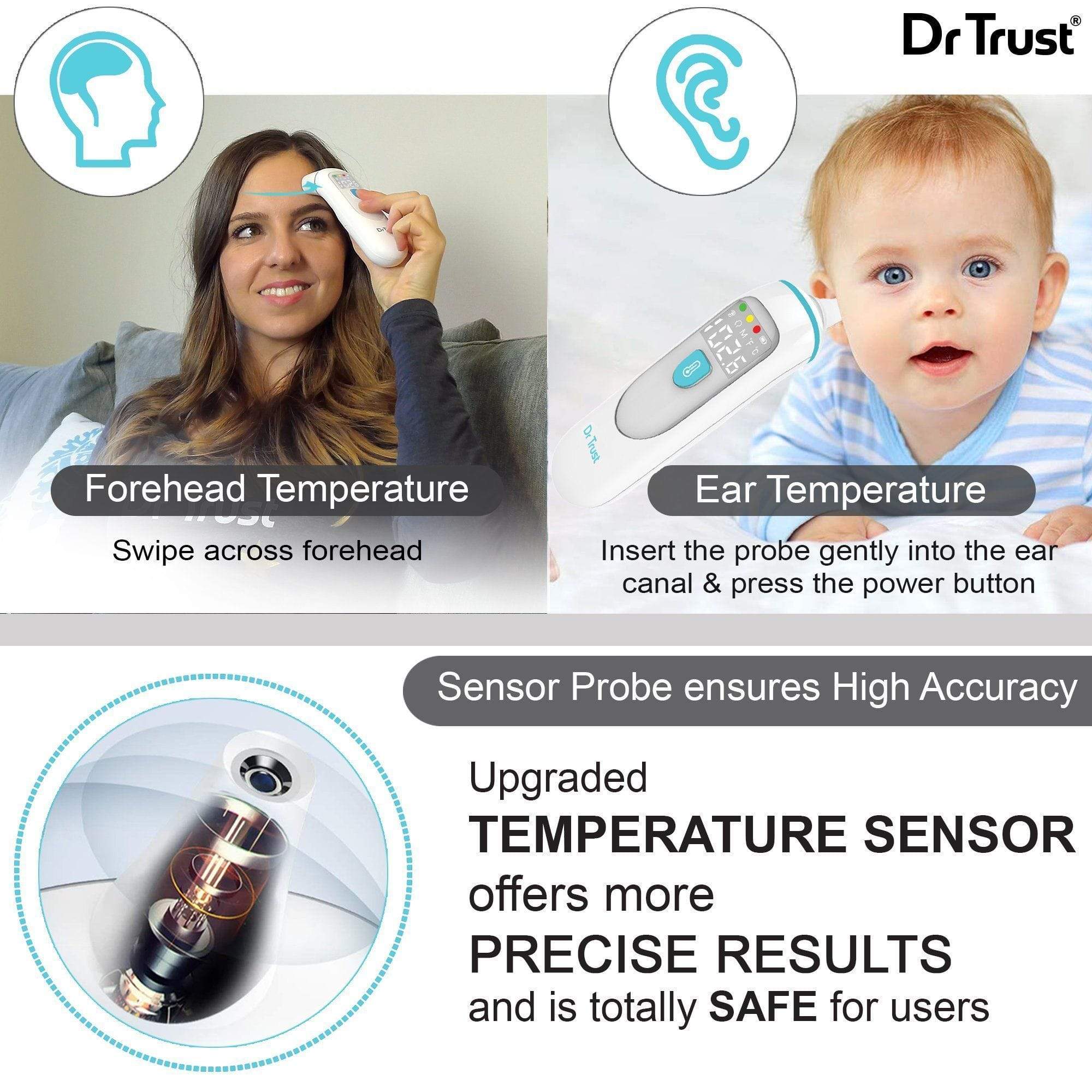 Dr Trust USA Homedoc PRO 602 Non-Contact Infrared Forehead & Ear Thermometer - Fast, Accurate Digital Temperature Reading for Babies, Kids & Adults - Perfect for Home, Travel & Medical Use