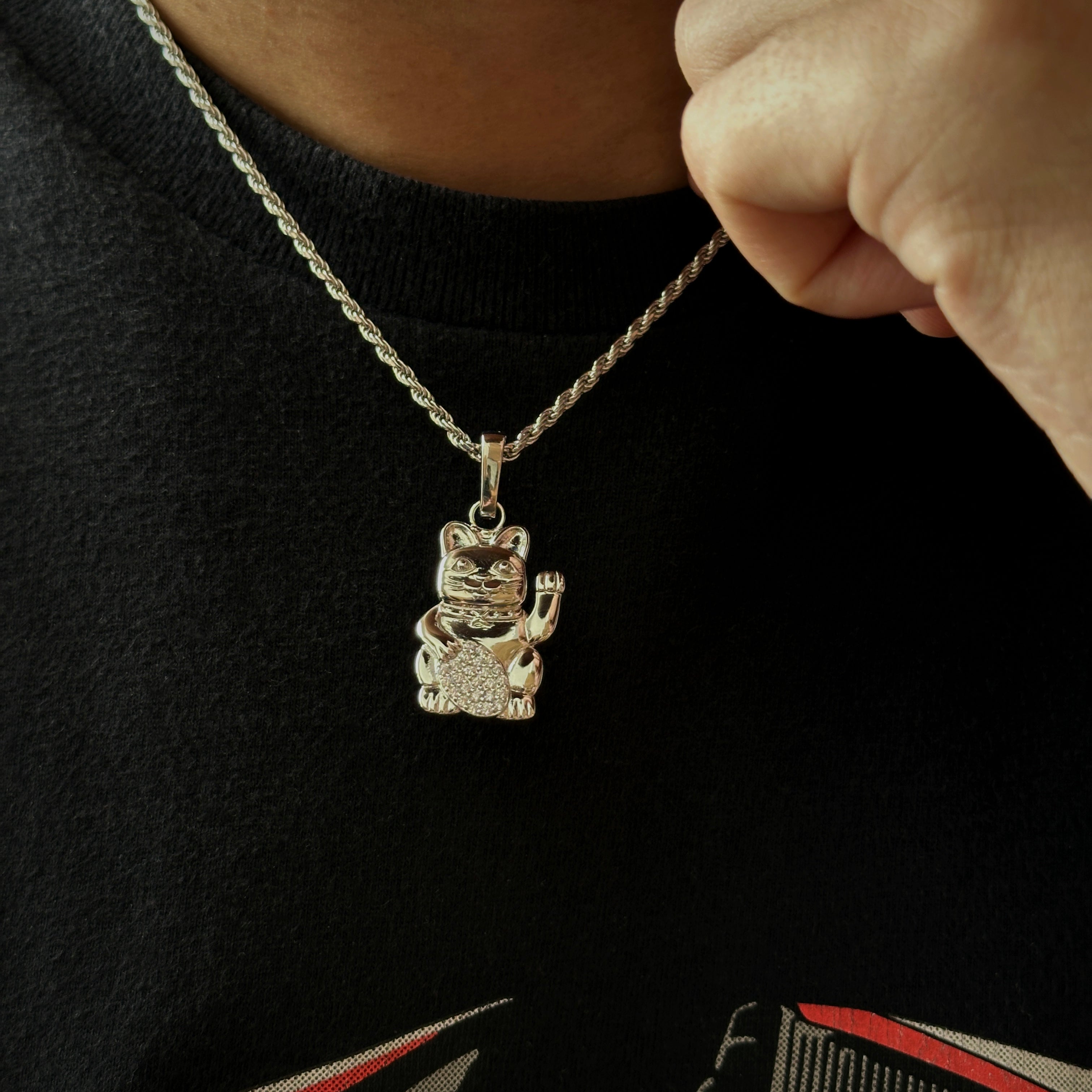 Lucky Cat Pendant Necklace - .925 Sterling Silver Japanese Maneki Neko Charm for Good Luck & Fortune - Perfect Gift for Women, Men, Jewelry Lovers (Home Decor, Office Desk, Car Hanging)