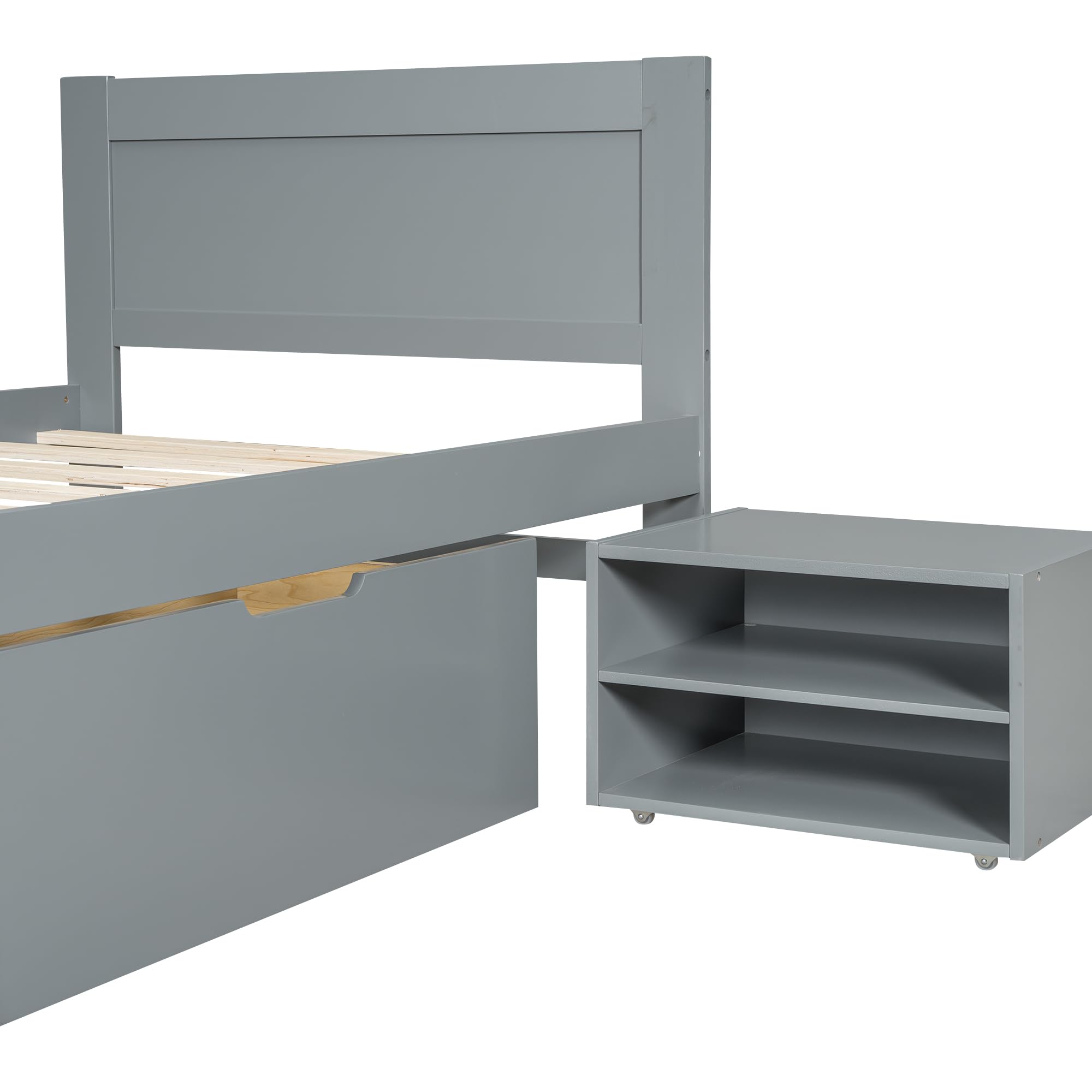 Merax Twin Size Wooden Platform Bed with Storage - Underbed Drawer, Shelves & Rolling Rack for Kids Bedroom - Space-Saving Grey Bed Frame for Boys and Girls | Perfect for Small Rooms, Dorms & Apartments