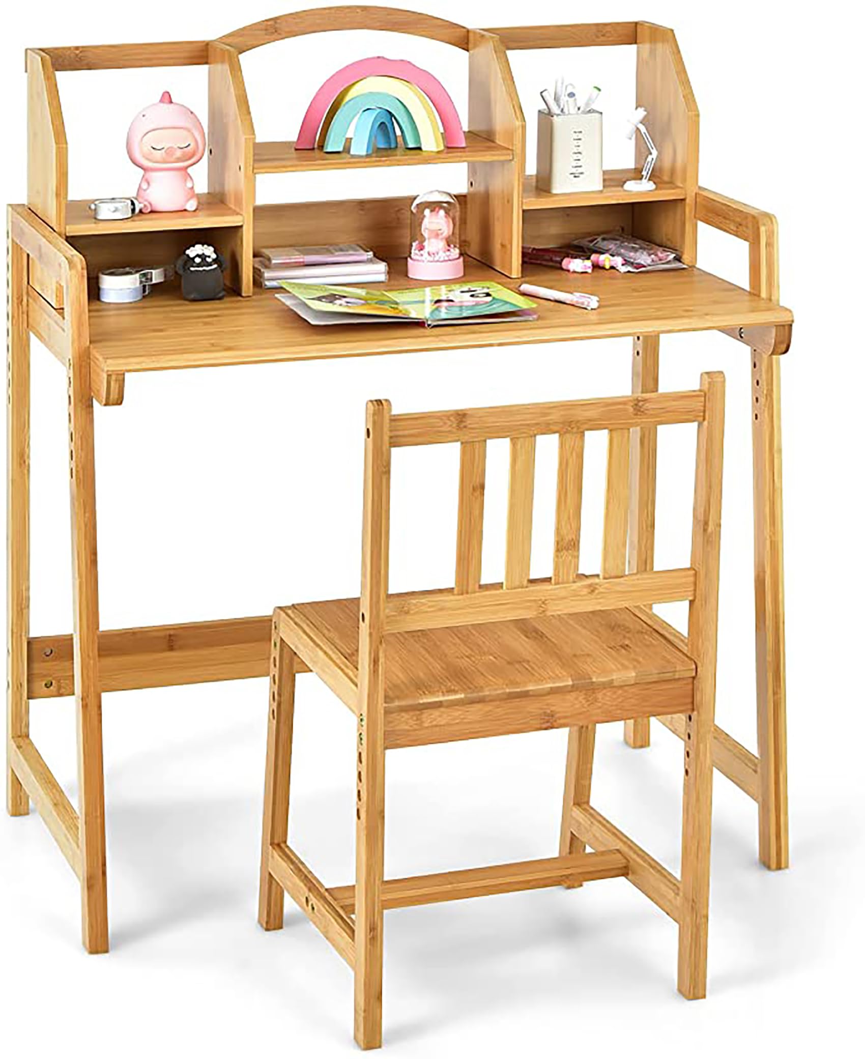 UNICOO Adjustable Bamboo Kids Desk and Chair Set - Ergonomic Study Table for Children, Eco-Friendly & Height Adjustable (Natural Wood) - Perfect for Homework, Drawing, and Online Learning at Home