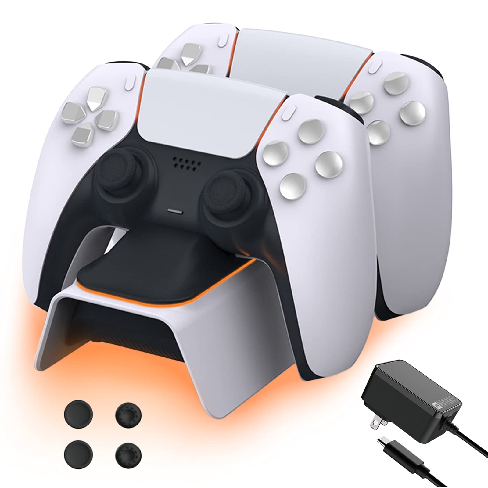 NexiGo Fast Charging Station for PS5 Controllers - DualSense Charging Dock with LED Indicator & Thumb Grip Kit - White | Perfect for Gaming Sessions & Multiplayer Setup