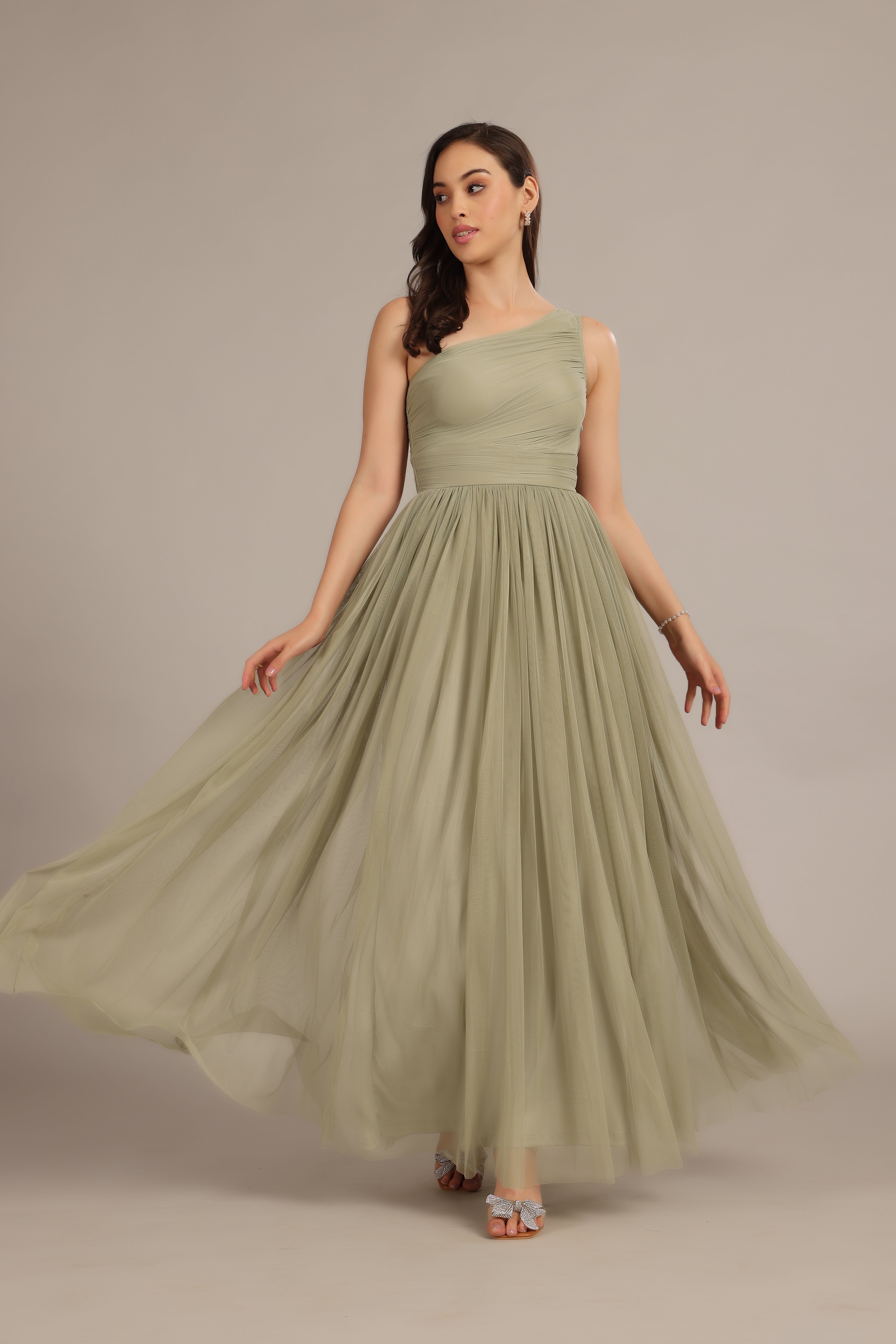 Elegant One Shoulder Maxi Dress in Dusty Sage Green - Perfect for Beach Vacations, Summer Weddings & Evening Parties