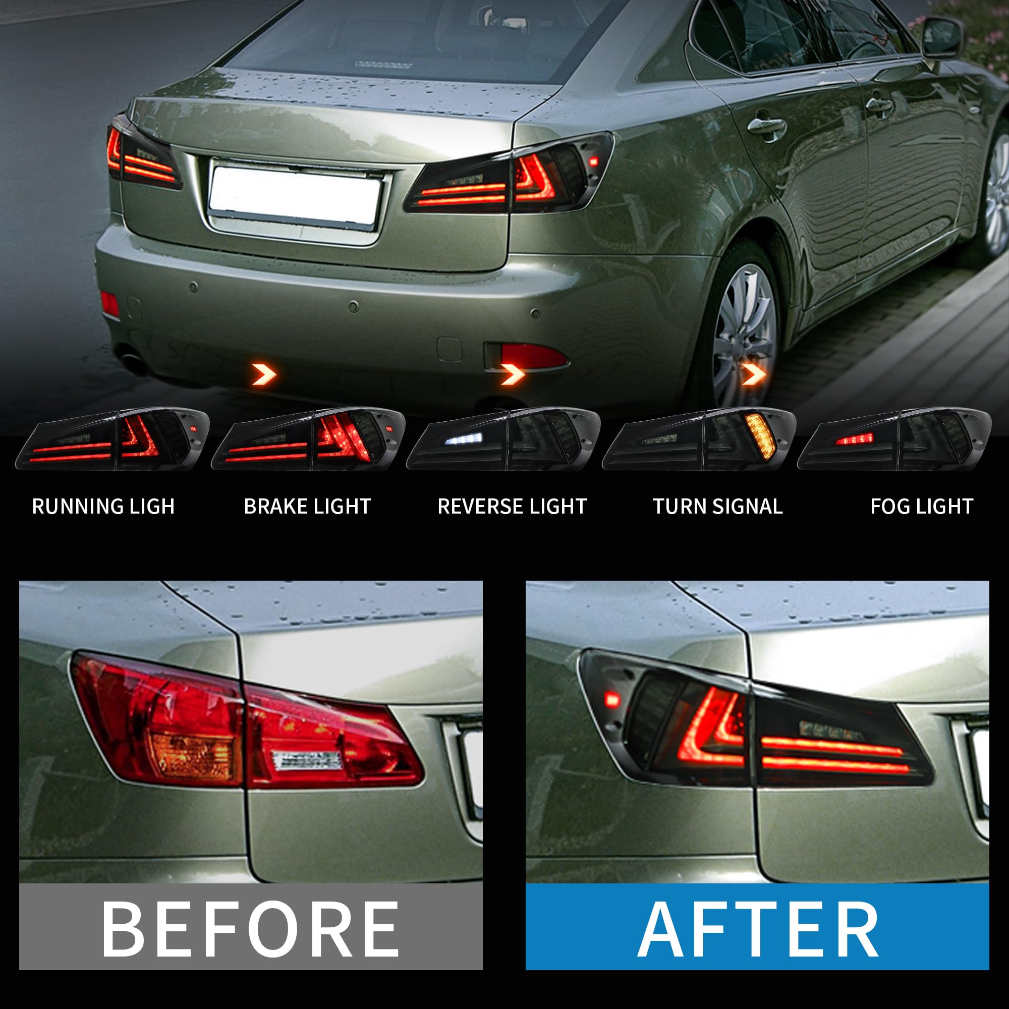 VLAND LED Smoked Taillights for Lexus IS250 IS350 ISF IS220d (2006-2012) - Rear Light Assembly with Amber Turn Signal - Pair (2PCS) - Smoke Black - Upgrade Your Car's Style & Night Visibility