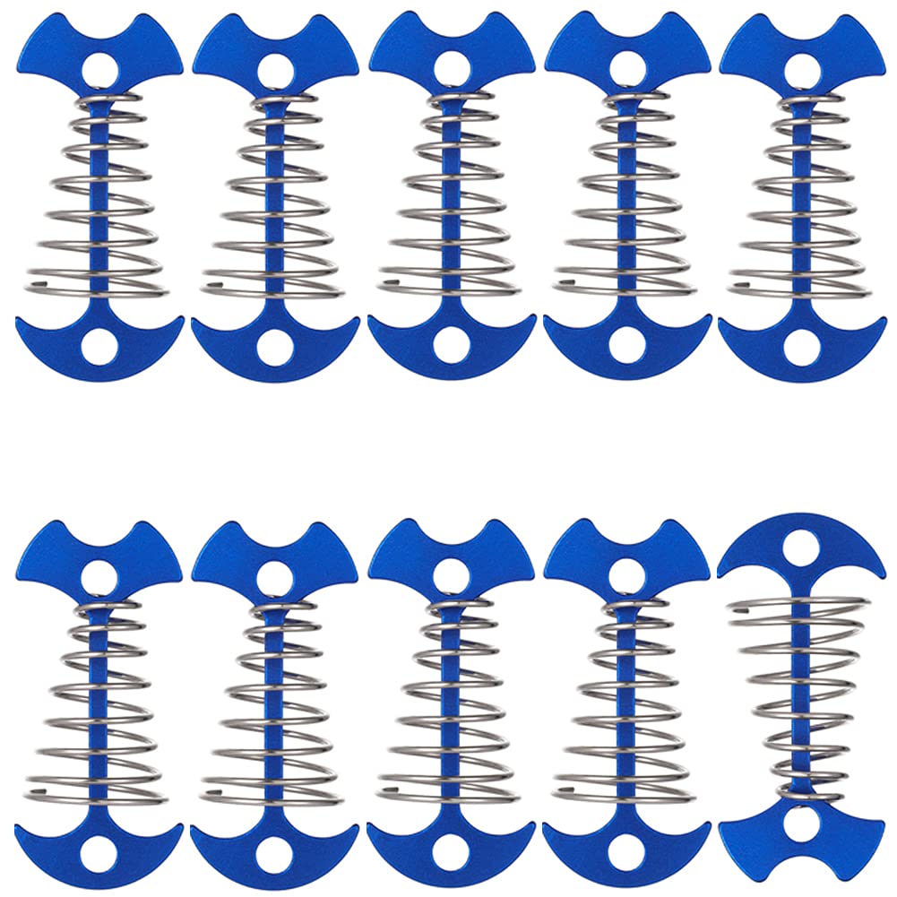 10 Pack Fishbone Nail Rope Buckle Deck Anchors Pegs - Heavy Duty Tent Stakes with Spring Buckle & Adjustable Carabiners for Camping, Hiking, Backpacking | Secure Tents, Tarps, Canopies in Windy Conditions (Blue)