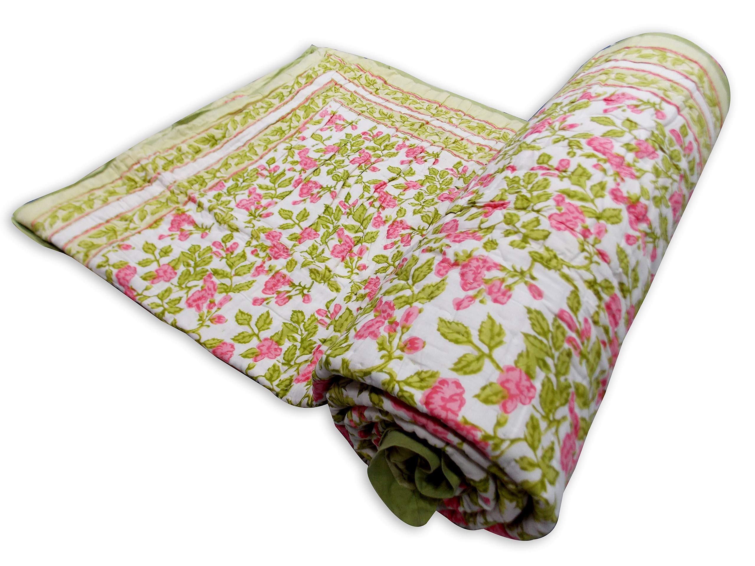 Handmade Indian Jaipuri Rajai Cotton Reversible Quilt - Queen Size Kantha Bedspread & Coverlet | Hand Block Printed Blanket for Bedroom, Sofa & Travel