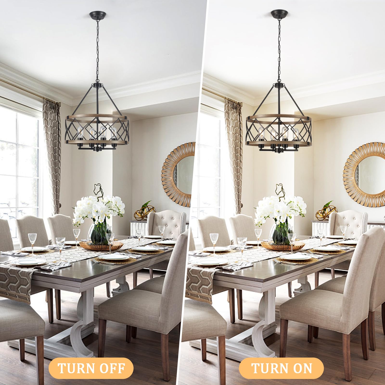 Farmhouse Chandelier 4-Light Rustic Wood Grain Pendant Light - Modern Industrial Dining Room Chandelier for Kitchen Island, Entryway, Foyer & Hallway | E26 Base Metal Fixture | Perfect for Country Homes, Restaurants & Cabin Decor