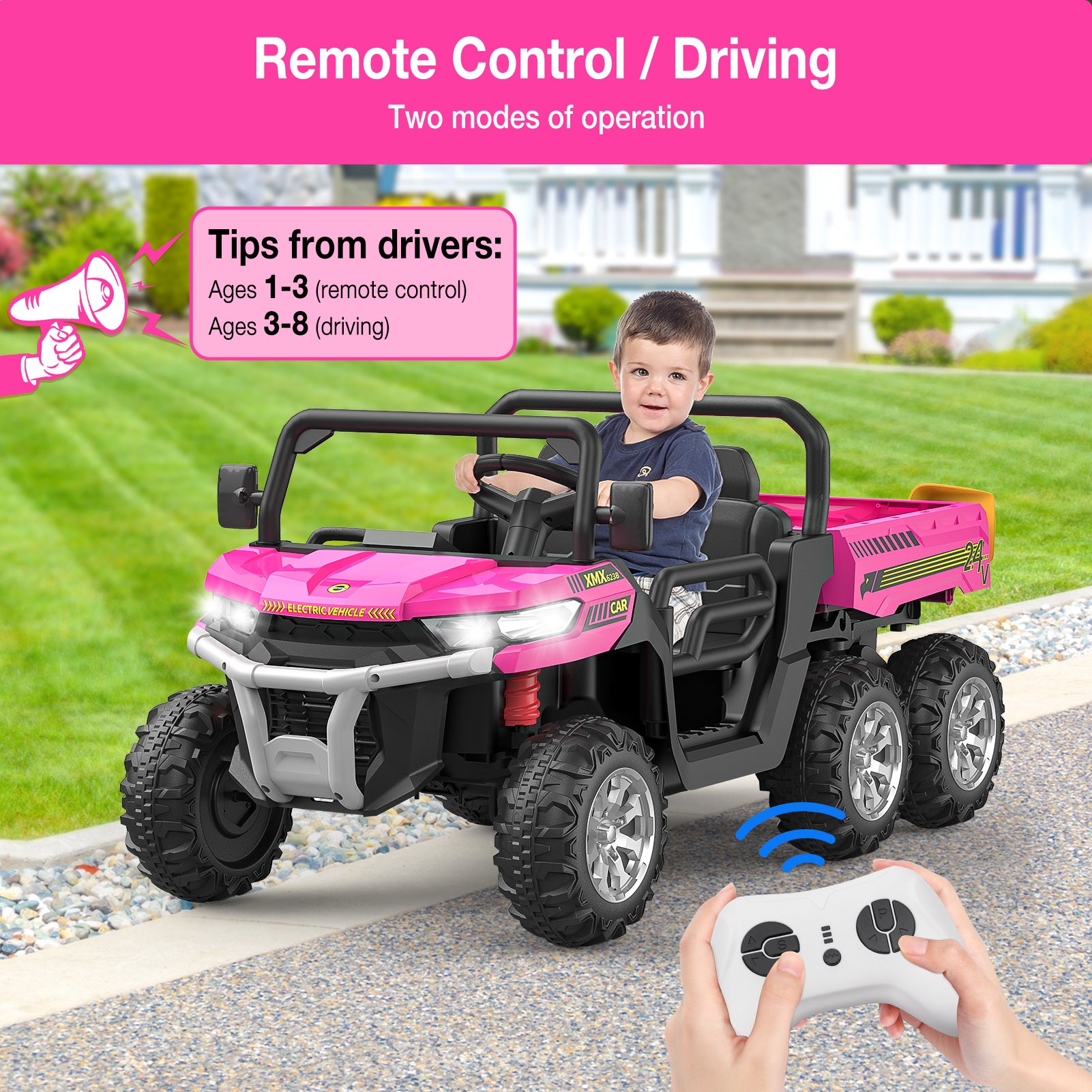 GARVEE 24V Kids Ride On Dump Truck - 2 Seater 6X6 Electric UTV with Remote Control | Battery Powered 6 Wheeler Toy Car for Boys & Girls Ages 3+ | Outdoor Play, Birthday Gift, Backyard Fun (Pink)