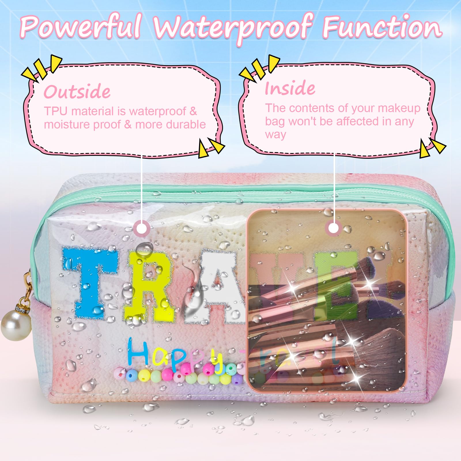 Stylish Colorful Preppy TRAVEL Letter Patch Makeup Bag - Large Capacity Cosmetic Organizer for Women & Girls, Holds More Makeup & Toiletries - Perfect for Daily Use, Travel, Gym & Weekend Getaways