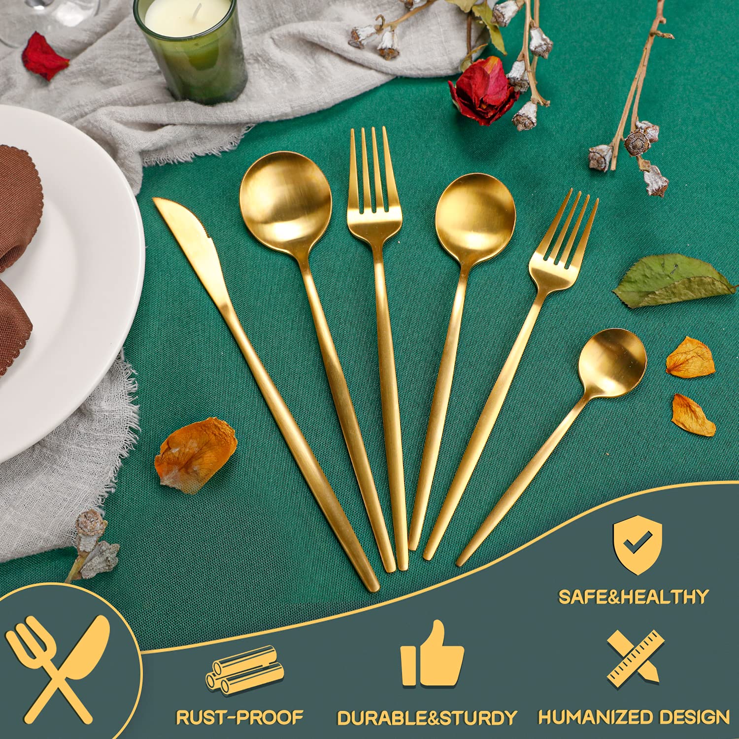 36-Piece Modern Matte Gold Silverware Set - Stainless Steel Flatware Set for 6, Elegant Tableware Cutlery Set - Perfect for Housewarming, Wedding & Anniversary Gifts - Ideal for Dinner Parties, Holiday Meals & Special Occasions