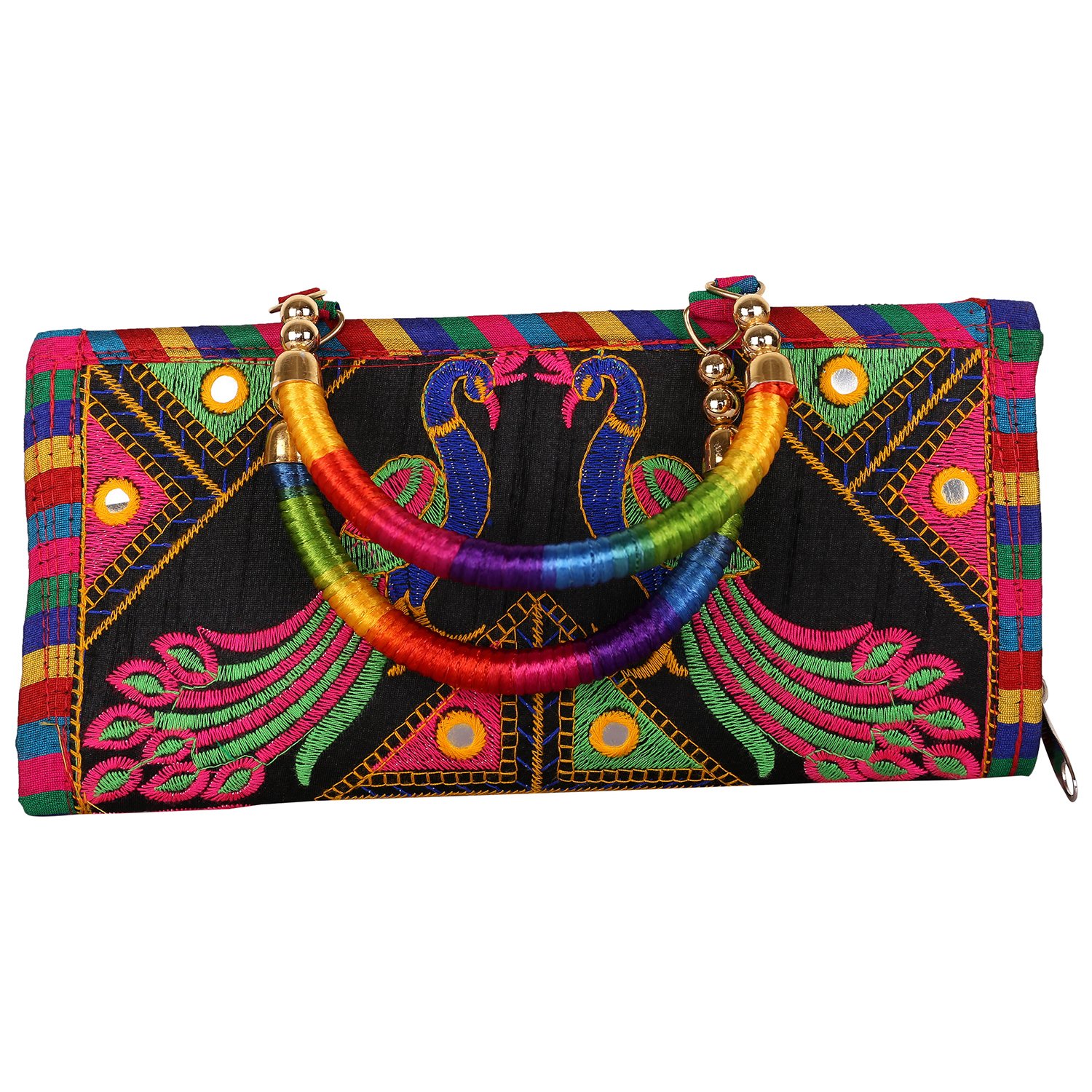 Rajasthani Jaipuri Embroidered Mirror Work Clutch Bag for Women - 13x25cm Ethnic Handmade Purse for Girls & Ladies - Perfect for Weddings, Parties & Festive Occasions