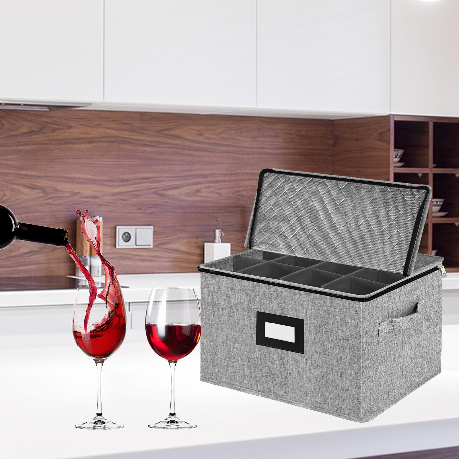 VERONLY 12-Piece Wine Glass Storage Box with Dividers - Hard Shell Quilted Protector for Stemware, Crystal & Glassware - Stackable, Light Grey - Perfect for Home Bar, Kitchen Organization & Party Serving