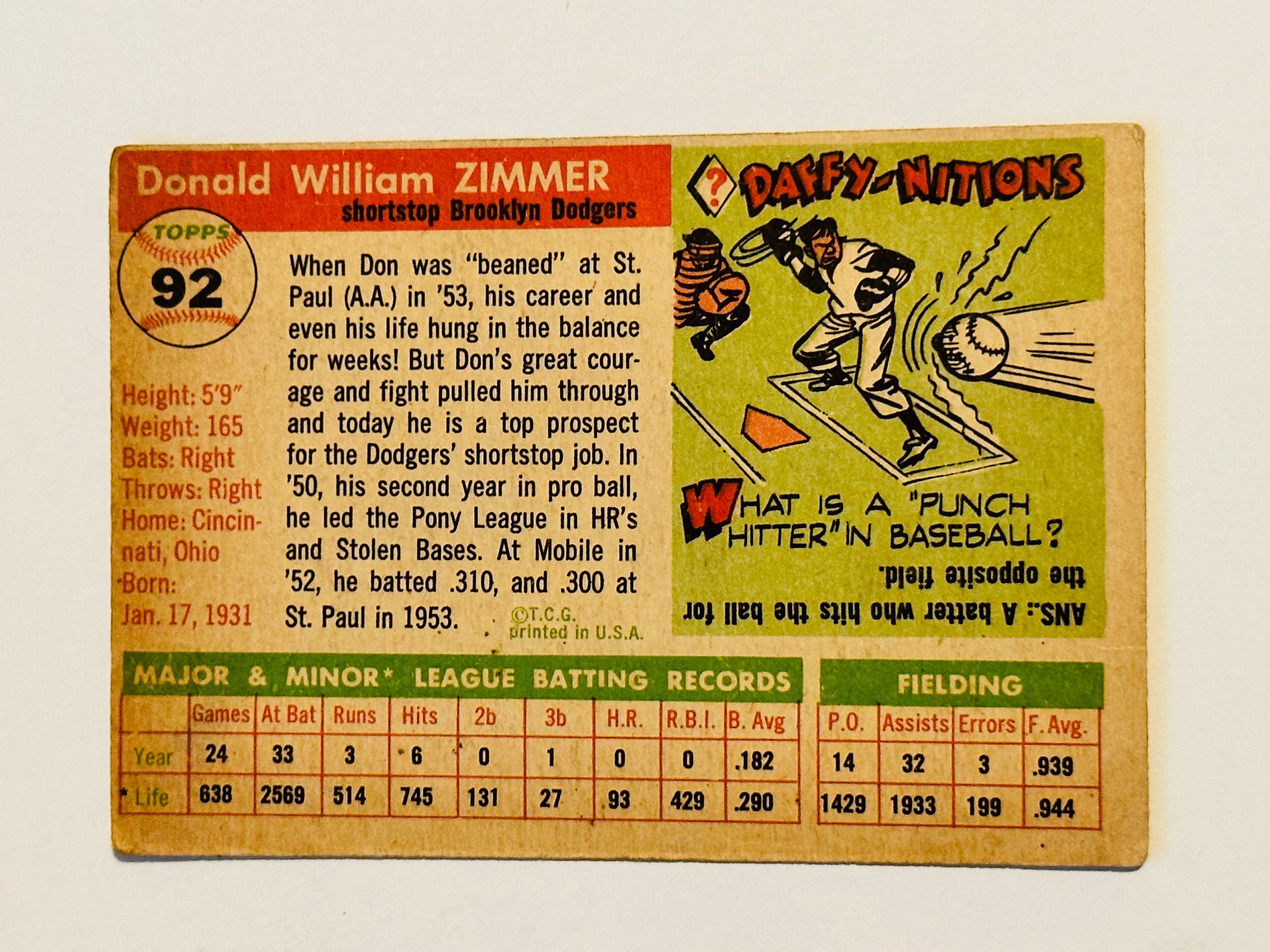 1956 Don Zimmer Topps Baseball Rookie Card - Rare Vintage Collectible for Sports Memorabilia & Baseball Card Enthusiasts - Perfect for Display, Investment, and Gift Giving