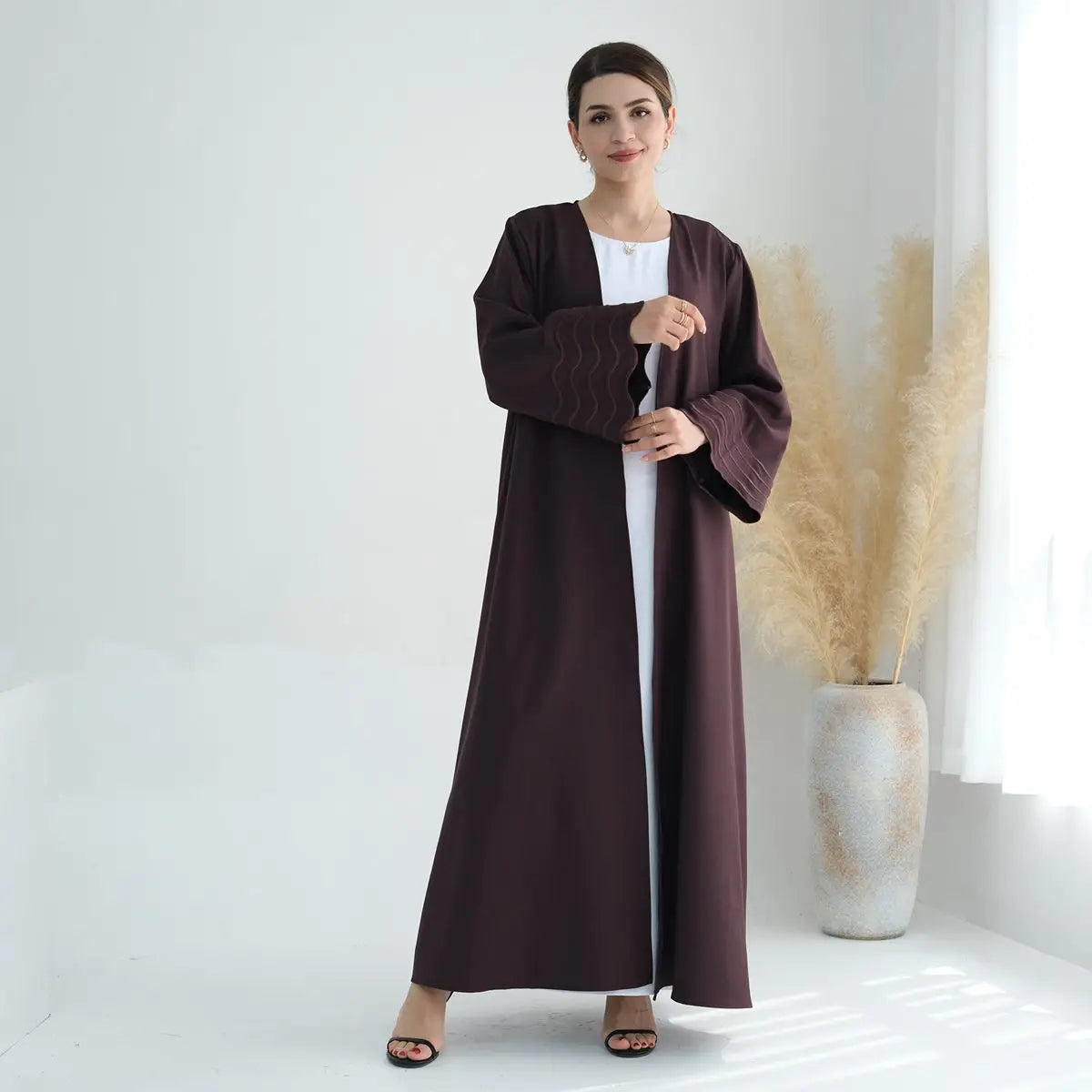 Elegant Hijab Embroidery Sleeve Cardigan Open Abaya Dress for Muslim Women - Perfect for Prayer, Mosque Visits & Special Occasions