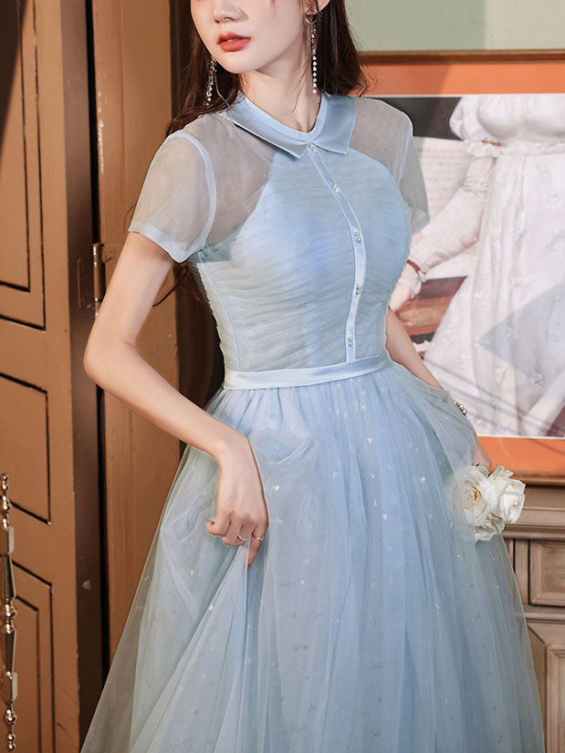 Elegant Blue A-Line Tulle Long Prom Dress for Women - Formal Evening Gown for Homecoming, Wedding, and Special Occasions
