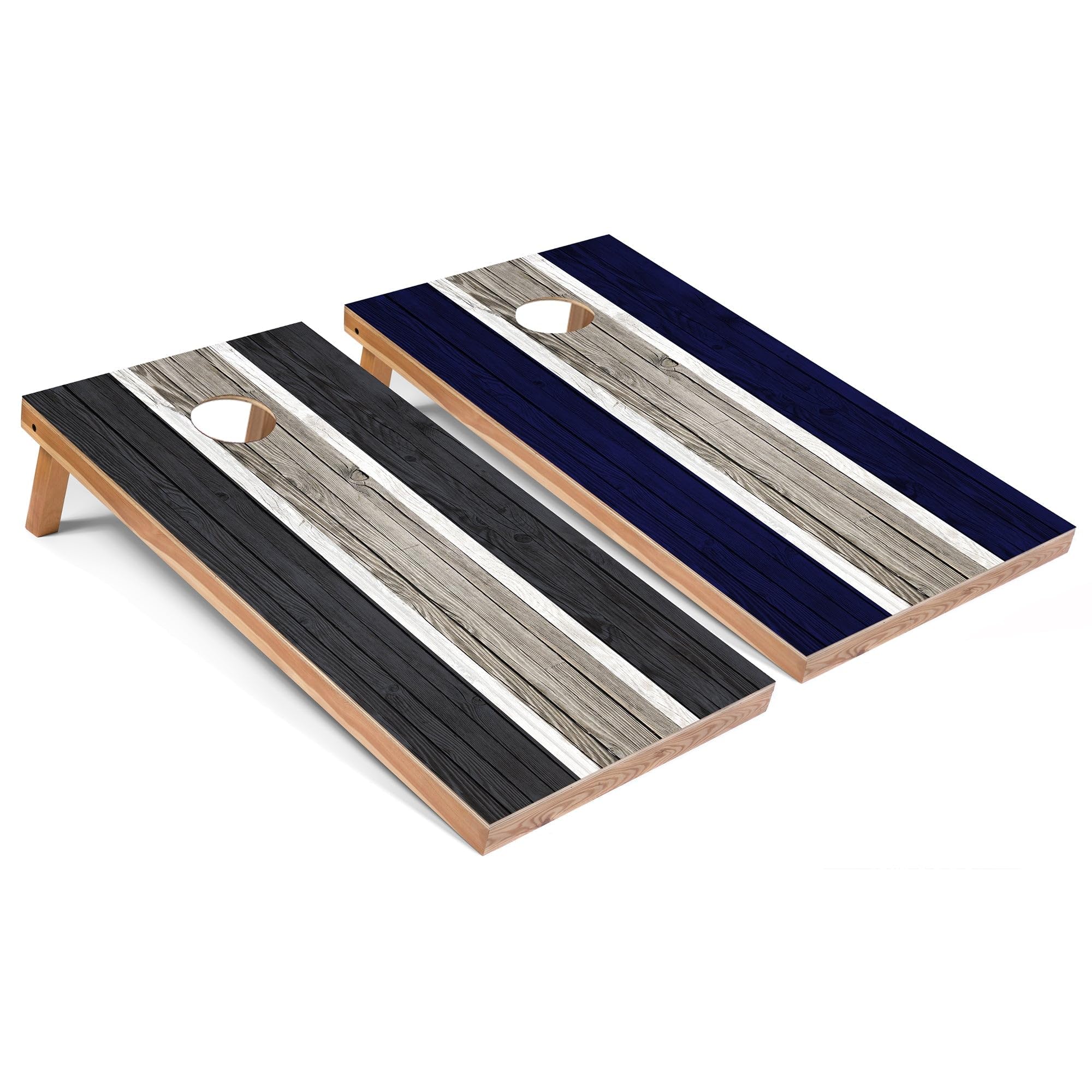 Premium Dark Grey & Navy Striped Cornhole Set - Regulation Size 2-4 Player Outdoor Bean Bag Toss Game - Solid Wood or All-Weather Resistant - Perfect for Backyard Parties, Tailgating & Family Gatherings