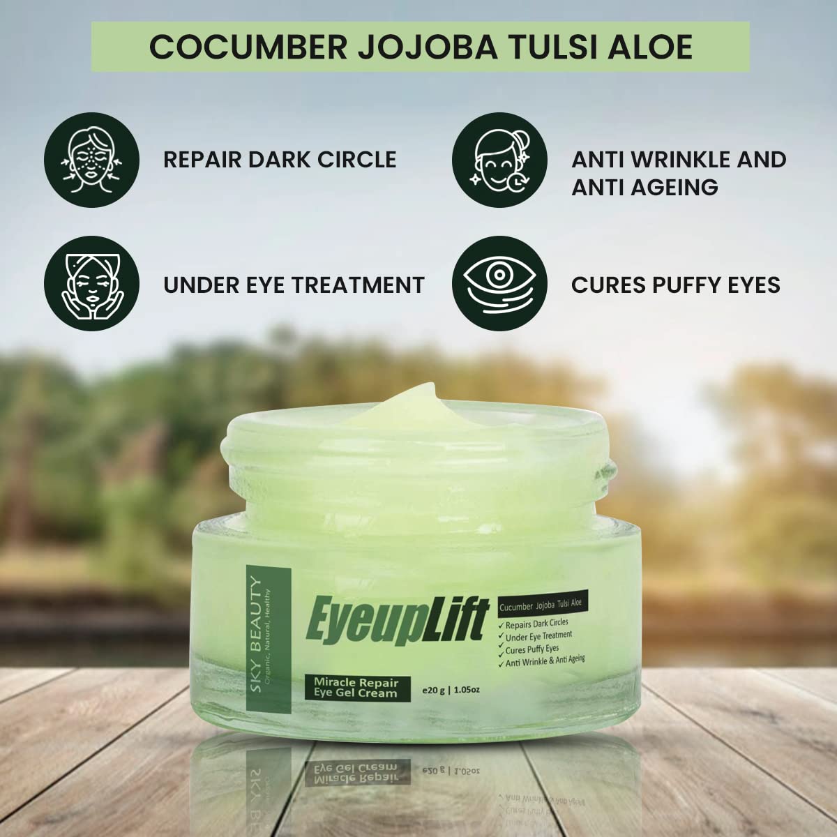 SKY BEAUTY ORGANIC Eye UpLift Hydrating Natural Under Eye Cream Gel - Dark Circles, Puffy Eyes & Wrinkle Treatment for Women & Men, 20g | Day & Night Use for Brighter, Youthful Eyes
