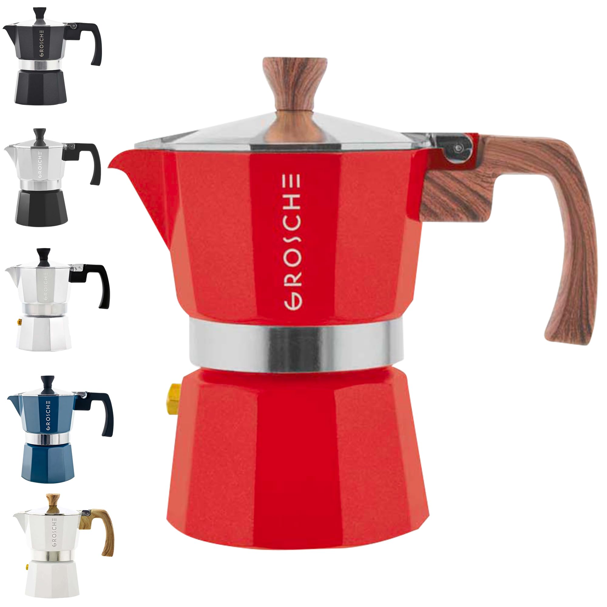GROSCHE Milano Stovetop Espresso Maker - 3 Cup Moka Pot (5oz) - Italian Coffee Maker for Home & Travel - Perfect for Espresso, Cuban Coffee & Percolator Brewing - Red