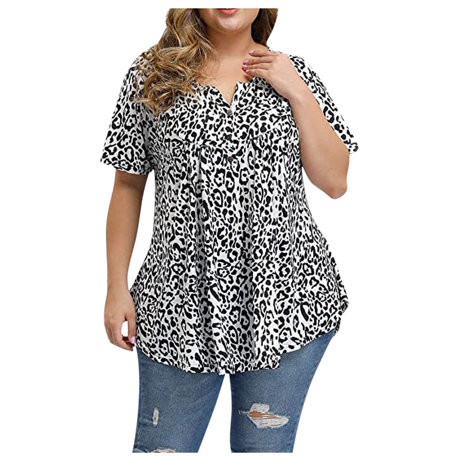 Plus Size Floral Blouses for Women - Stylish Henley V-Neck Button Up Plaid Print Tunic Tops with Ruffle & Flowy Short Sleeve | Casual Wear, Office Outfits & Summer Fashion
