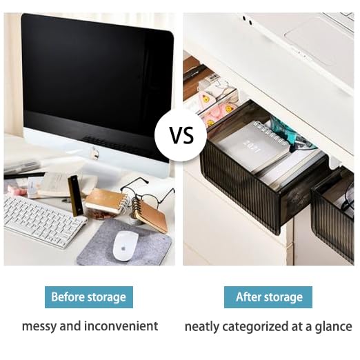 2 Pack Under Desk Storage Drawer - Slide Out Self-Adhesive Organizer for Office & Home, Clear Hidden Table Drawer for Pencils, Supplies & Workspace Accessories | Perfect for Small Spaces & Clutter-Free Desks