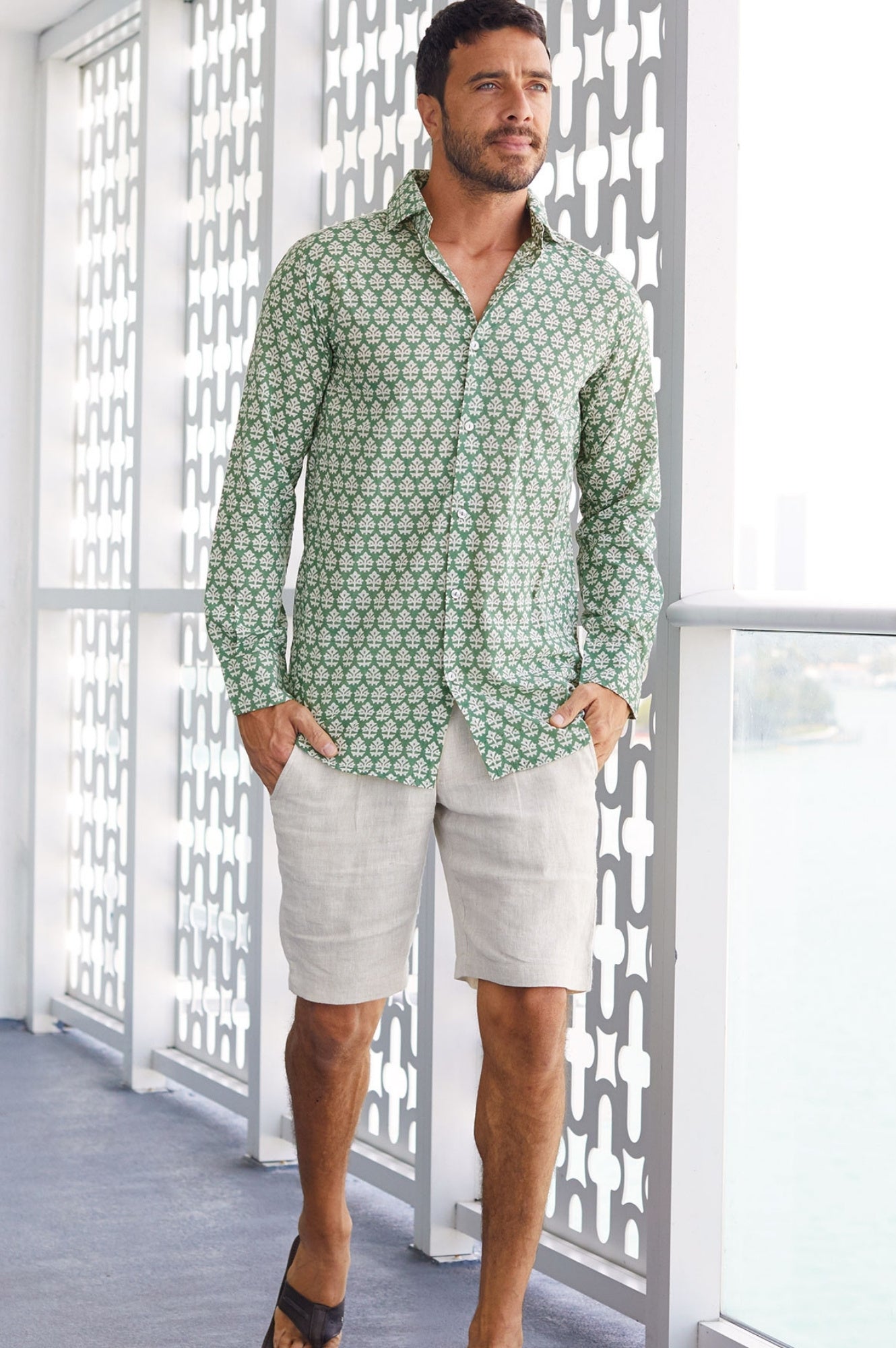 Men's Stylish Printed Cotton Shirt - Batik Khaki Design | Comfortable Casual Wear for Summer Outings & Beach Vacations