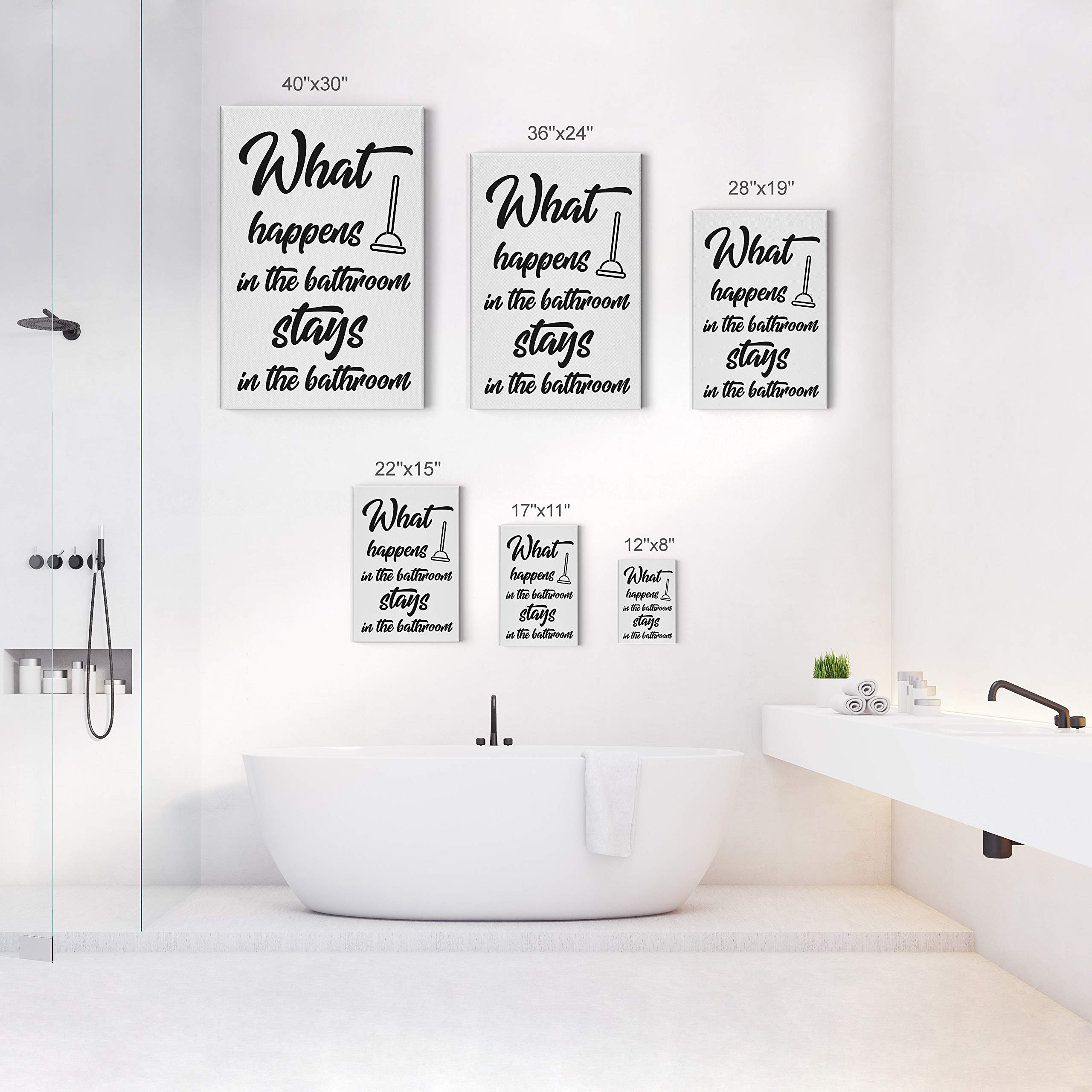 Smile Art Design Funny Bathroom Quote Canvas Print - 'What Happens in the Bathroom Stays in the Bathroom' Wall Art Decor | 36x24 Inches Ready to Hang | Made in USA | Perfect for Powder Rooms, Guest Bathrooms & Home Decor