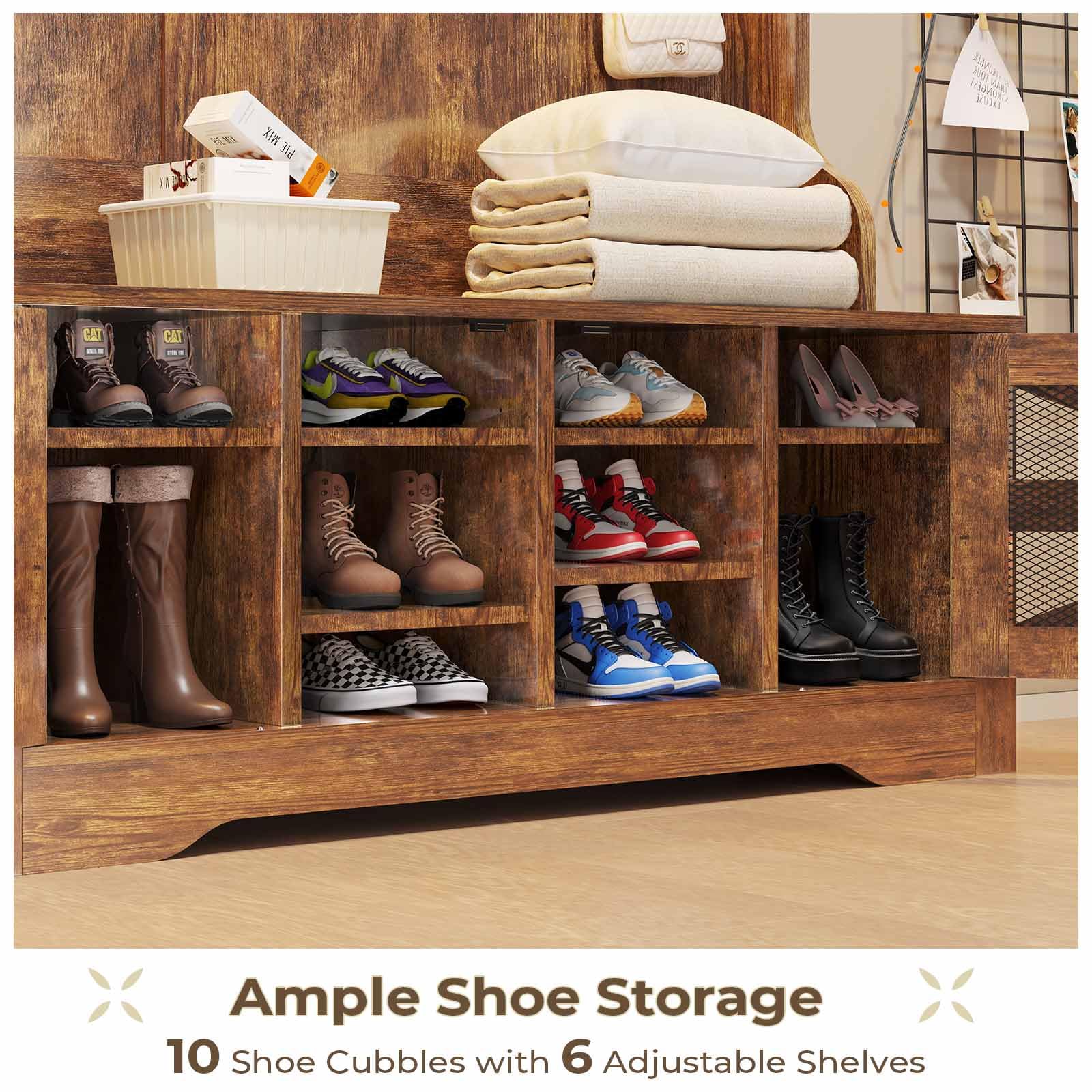Itaar 5-in-1 Hall Tree Entryway Bench with Shoe Storage - Rustic Brown Coat Rack with 10 Shoe Cubbies, 9 Coat Hooks, Barn Door & Adjustable Shelf - Perfect for Mudroom, Foyer & Small Space Organization