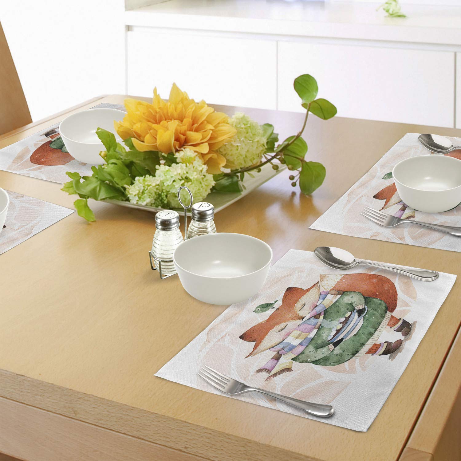 Ambesonne 4-Pack Animal Placemats - Fox & Bird Tea Time Friends Design, Washable Fabric Dining Table Mats, Standard Size (Orange & Green) - Perfect for Kitchen, Breakfast Nook, and Dinner Parties